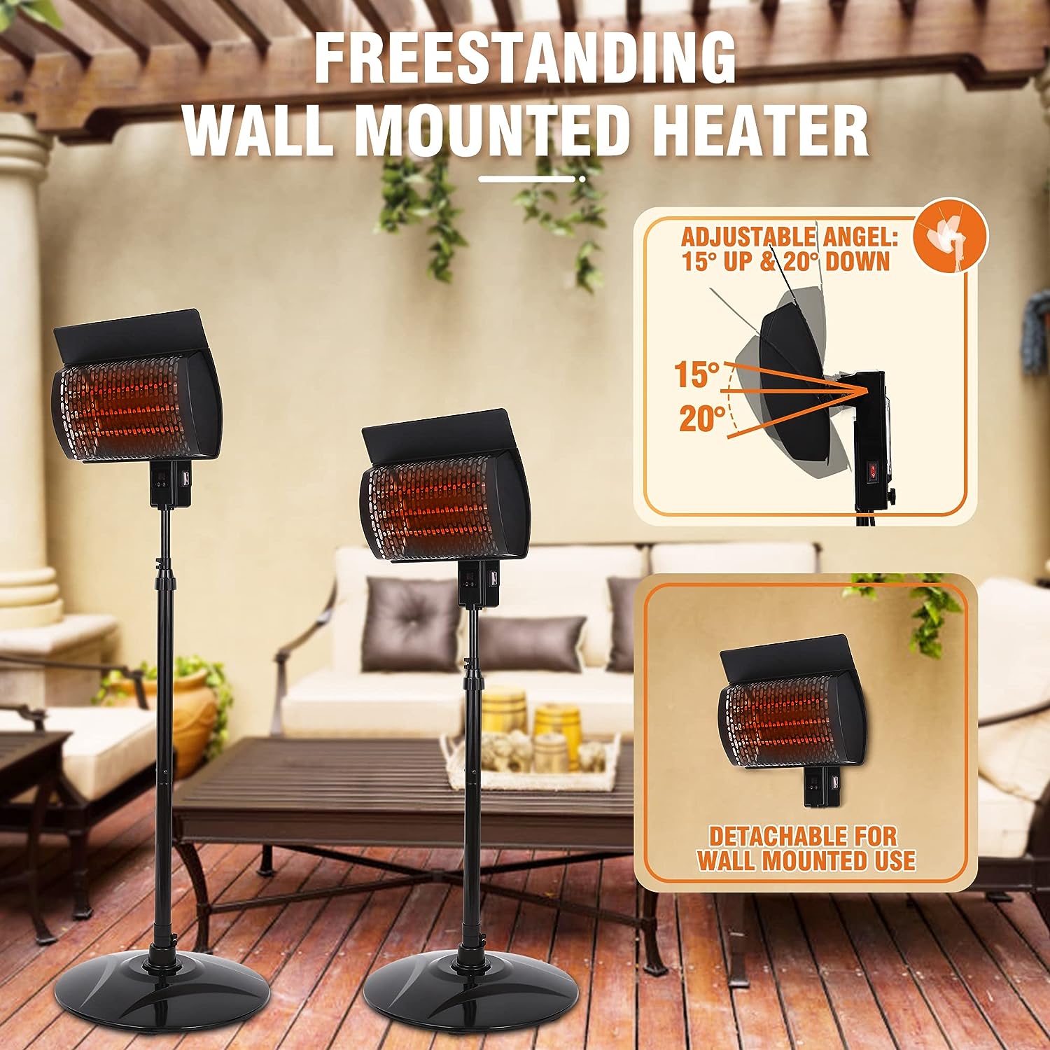 Sunday Living Outdoor Patio Heater, Electric Outdoor Heater, 1500W Outdoor Space Heater with Digital Panel,12H timer, Adjustable Height Electric Patio Heater