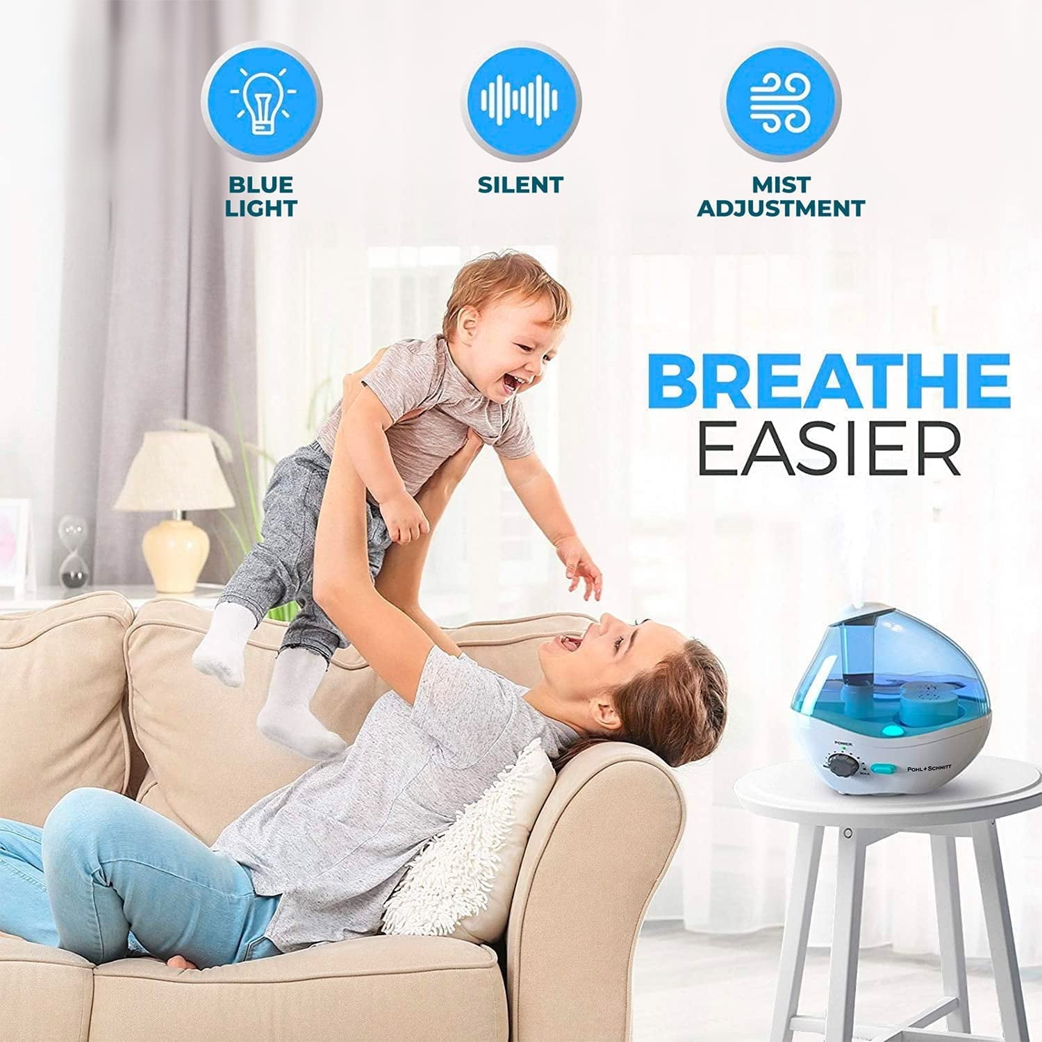 Pohl Schmitt Ultrasonic Humidifier, Whisper-Quiet Operation with Nightlight and Auto-Shut Off, Adjustable Mist, 16 hours Operating Time & Filter Included, 6 Pack