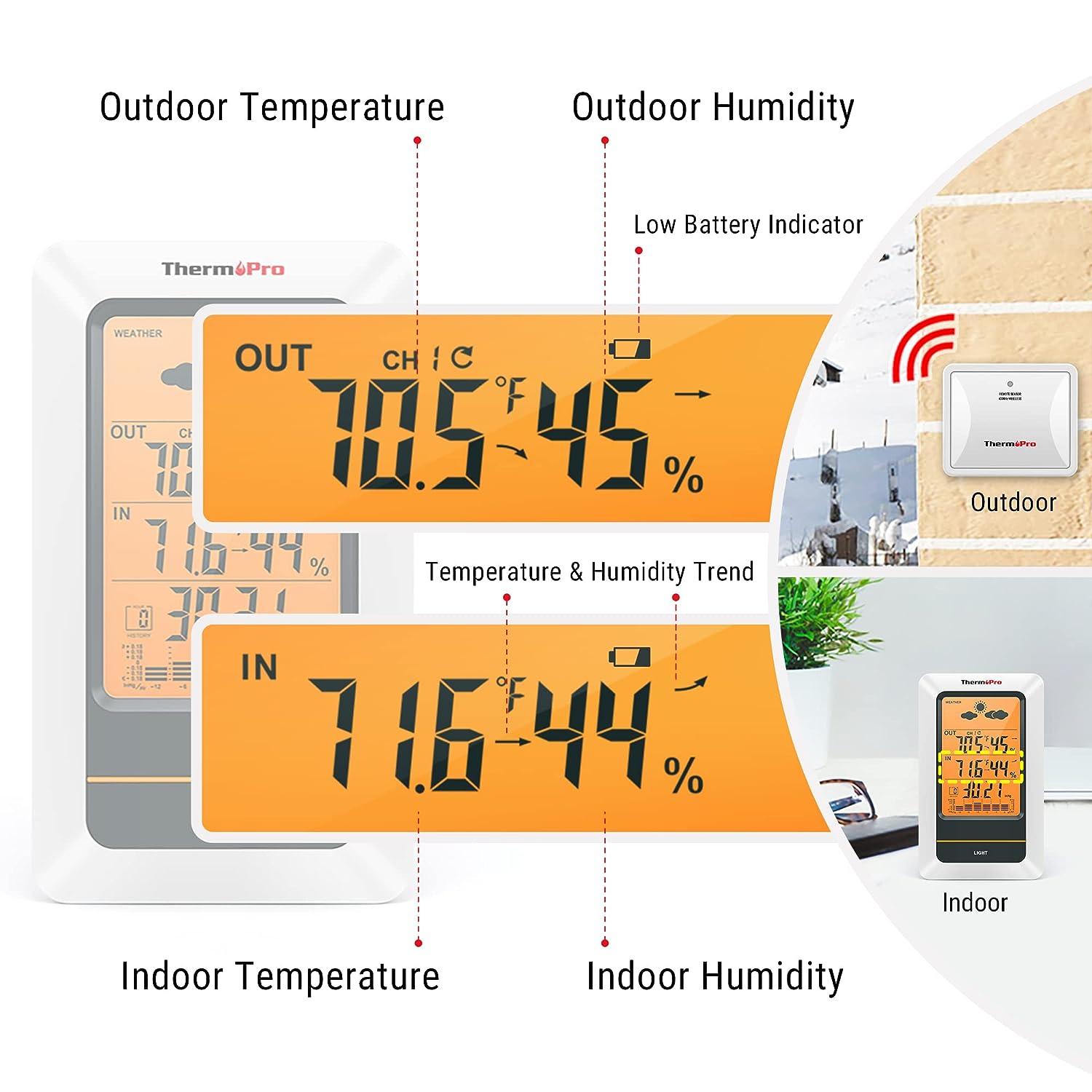 ThermoPro TP67B Waterproof Weather Station Wireless Indoor Outdoor Thermometer Digital Hygrometer Barometer with Cold-Resistant and Waterproof Temperature Monitor, 500ft Range
