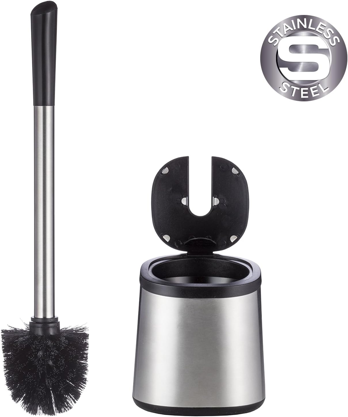 Tatkraft Shy Stainless-Steel Brush, Modern Design with Automatic Closing Lid for Comfort, Rust and Corrosion Proof Premium Quality Toilet Brush, Sturdy and Flexible Brush Fibers