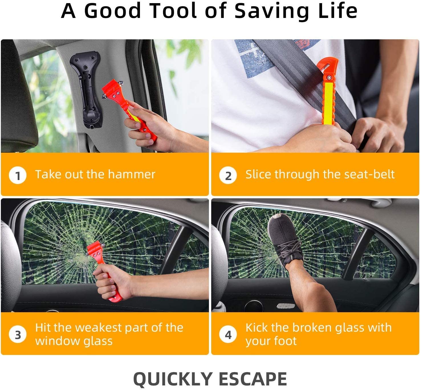 VT Tele FL Car Safety Hammer, Emergency Escape Tool with Car Window Breaker and Seat Belt Cutter, Premium Carbon Steel Life Saving Survival Kit, 2 Pack