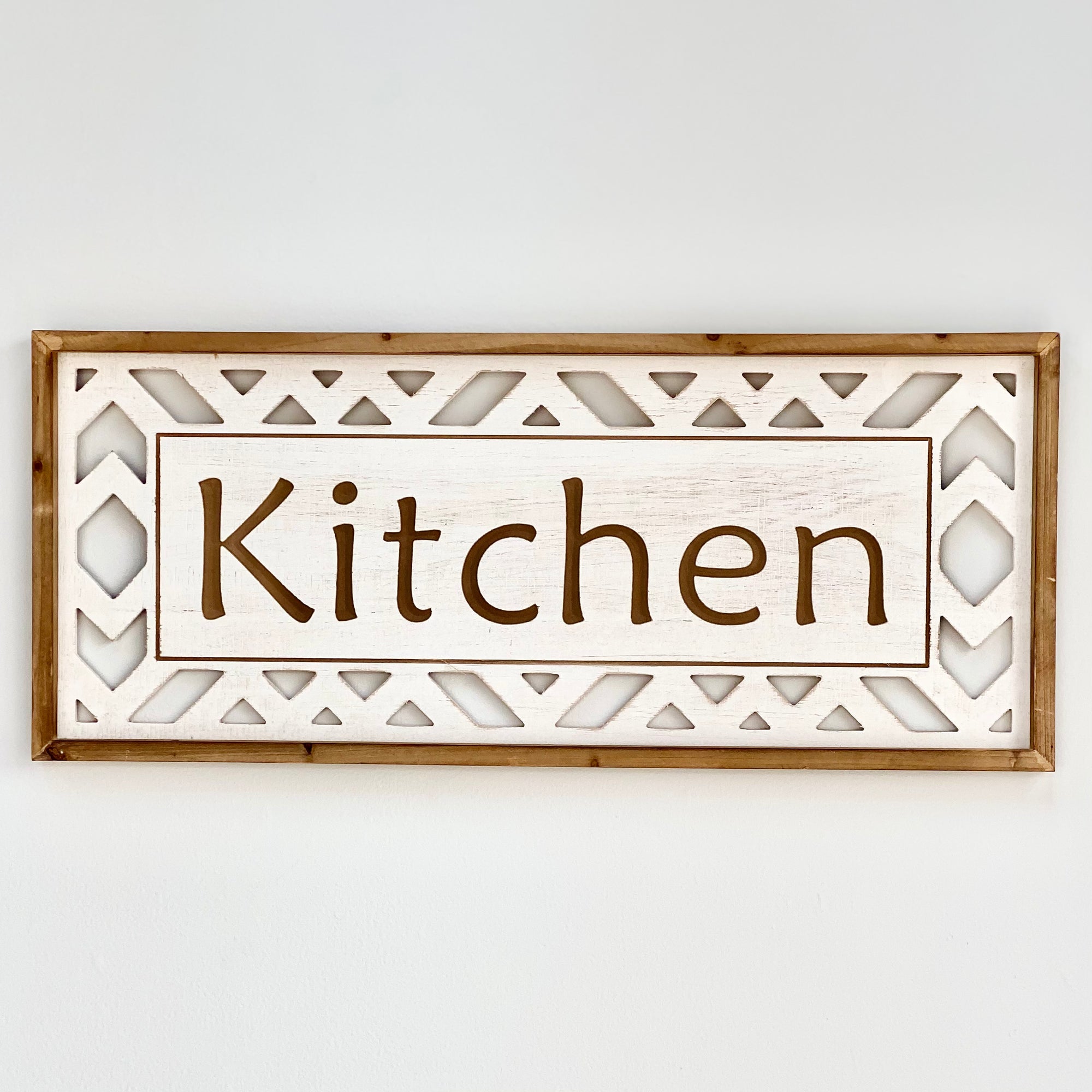 Wood Wall Art with Cutout and "Kitchen" Carved Writing Painted White Finish