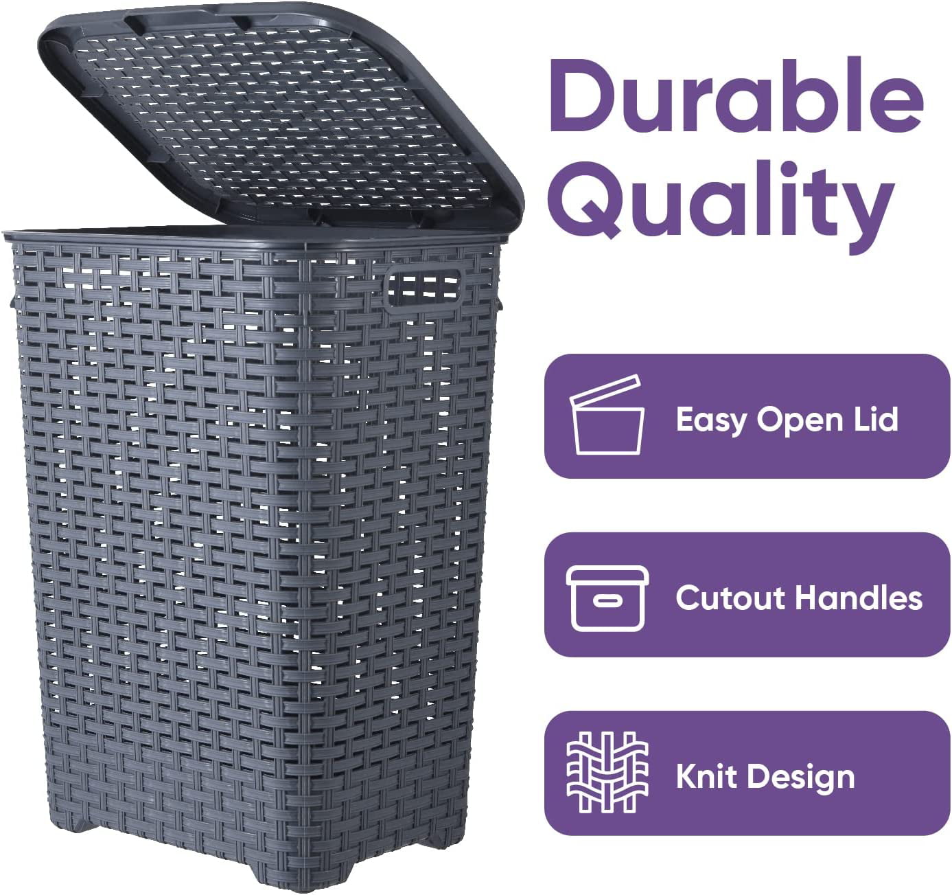 Superio Brand 60L Large Wicker Plastic Laundry Hamper with Lid - Brown