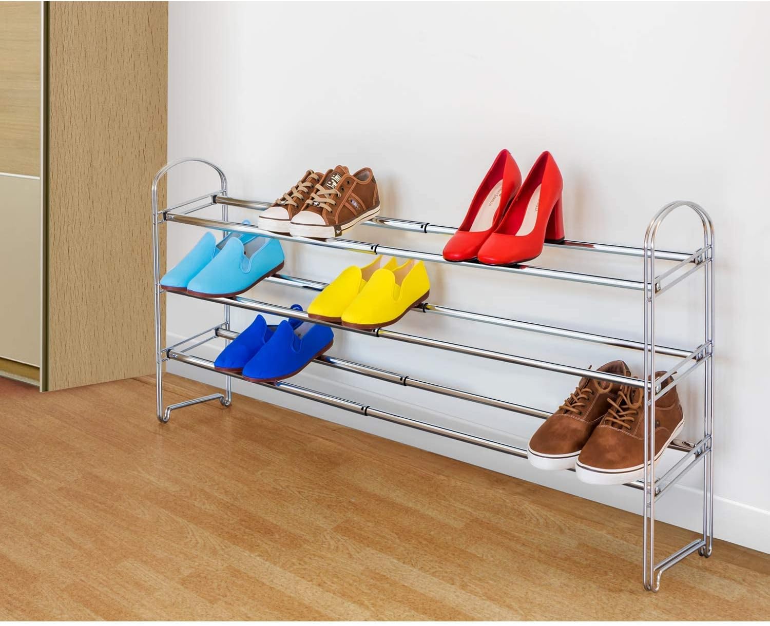 Tatkraft Maestro Heavy Duty 3 Tier Shoe Rack, Expandable Entryway Shoe Organizer, Easy to Assemble, Chrome Plated Steel 3 Tiers