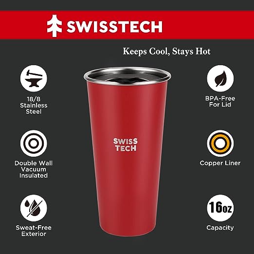 Swiss+Tech 16oz Stainless Steel Cups with lids, 2 Pack Double Wall Pint Cups, Insulated Tumbler with Lid, Unbreakable Durable Cups (Red & White)