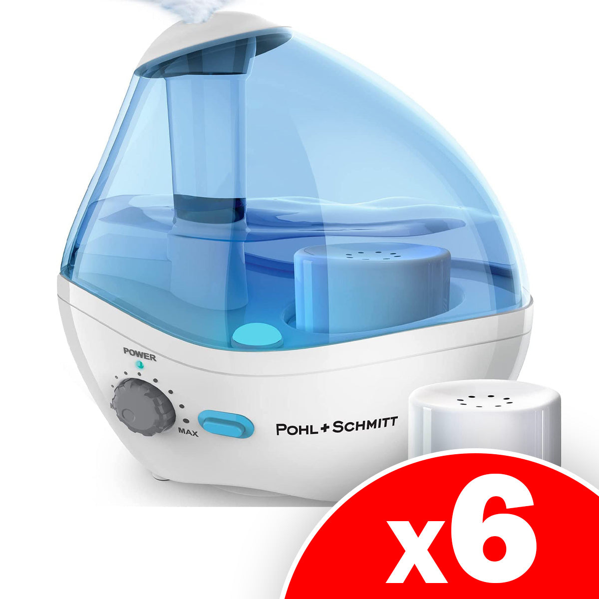 Pohl Schmitt Ultrasonic Humidifier, Whisper-Quiet Operation with Nightlight and Auto-Shut Off, Adjustable Mist, 16 hours Operating Time & Filter Included, 6 Pack