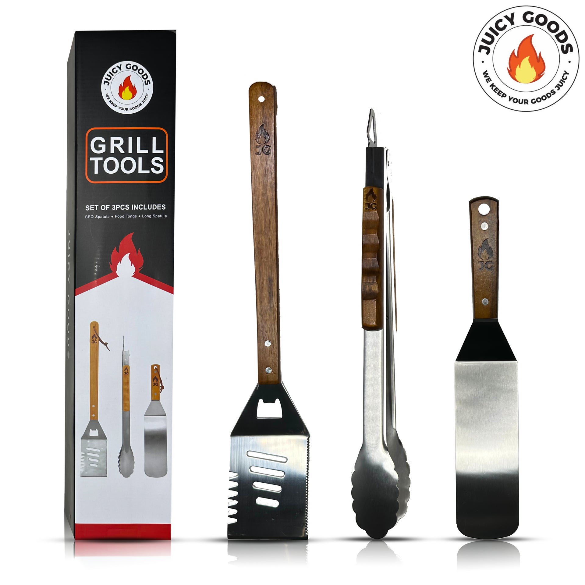 BBQ Grill Set Heavy Duty Tool Set - BBQ Tool Set 3 pc Grill Accessories with Stainless Steel Spatula Tongs and BBQ Spatula and Wood Handles Dark Acacia