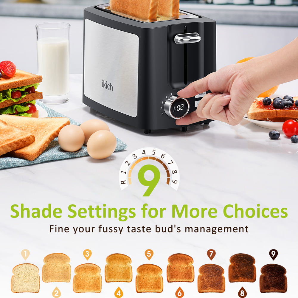 IKICH Toaster Modern 2 Slice Stainless Steel Toaster with Extra-Wide Slots, LCD Screen, 9 Settings