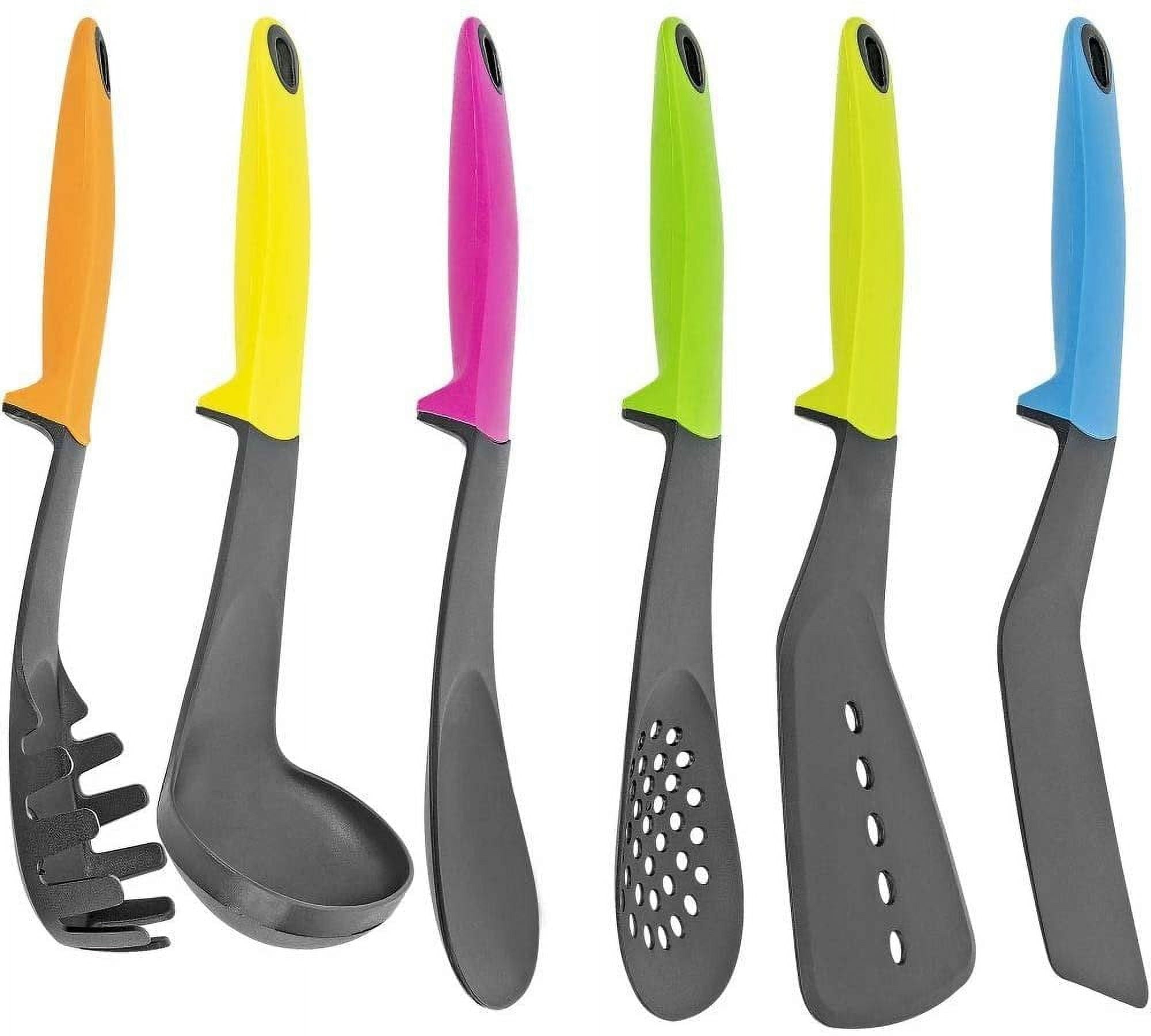 Set of 7 Kitchen Utensils w/Holder, Silicone Handles - Includes Ladle, Spatula, Spoon, Spaghetti Server, and More