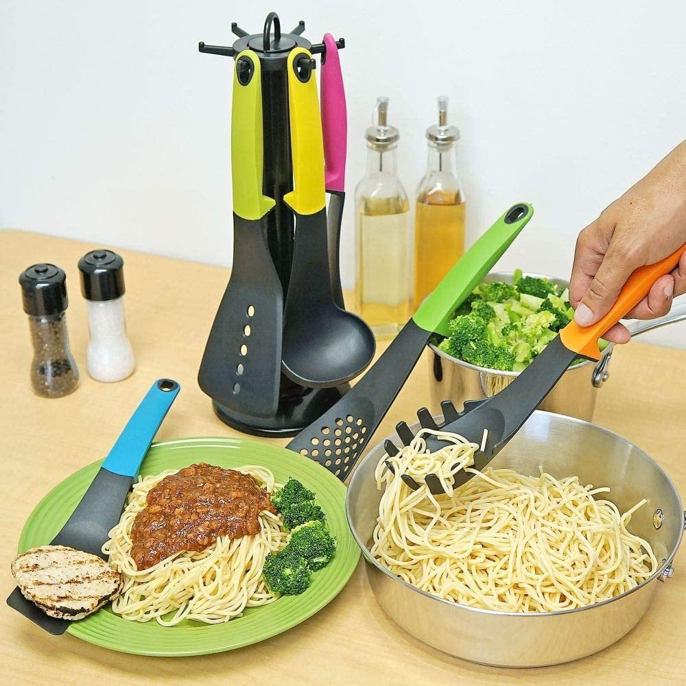 Set of 7 Kitchen Utensils w/Holder, Silicone Handles - Includes Ladle, Spatula, Spoon, Spaghetti Server, and More