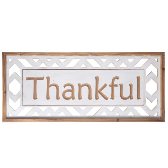 Urban Trends Collection Wood Rectangle Wall Art with Carved Writing "Thankful" and Side Cutout Shapes Design Painted Finish White