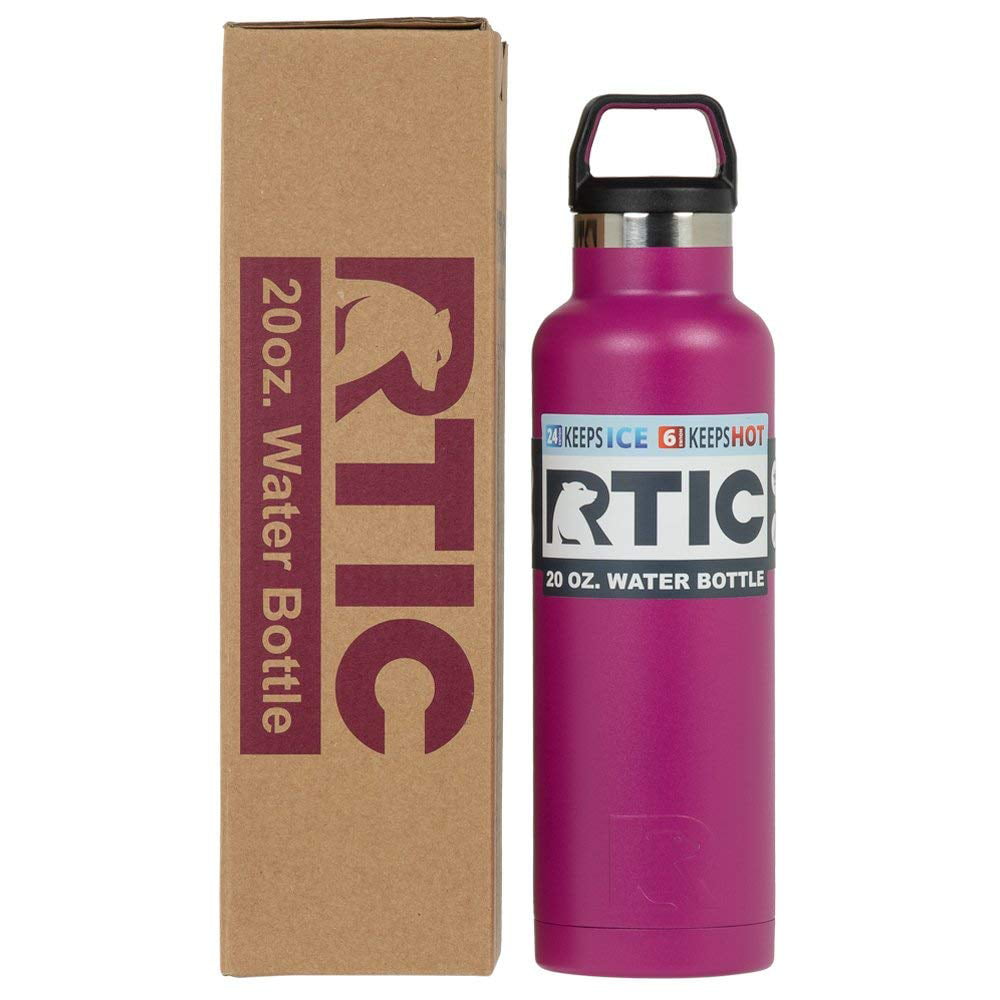 RTIC 20 oz Vacuum Insulated Water Bottle, Stainless Steel Double Wall Insulation, BPA Free Reusable, Leak-Proof Thermos Flask for Hot and Cold Drinks, Travel, Sports, Camping, Very Berry