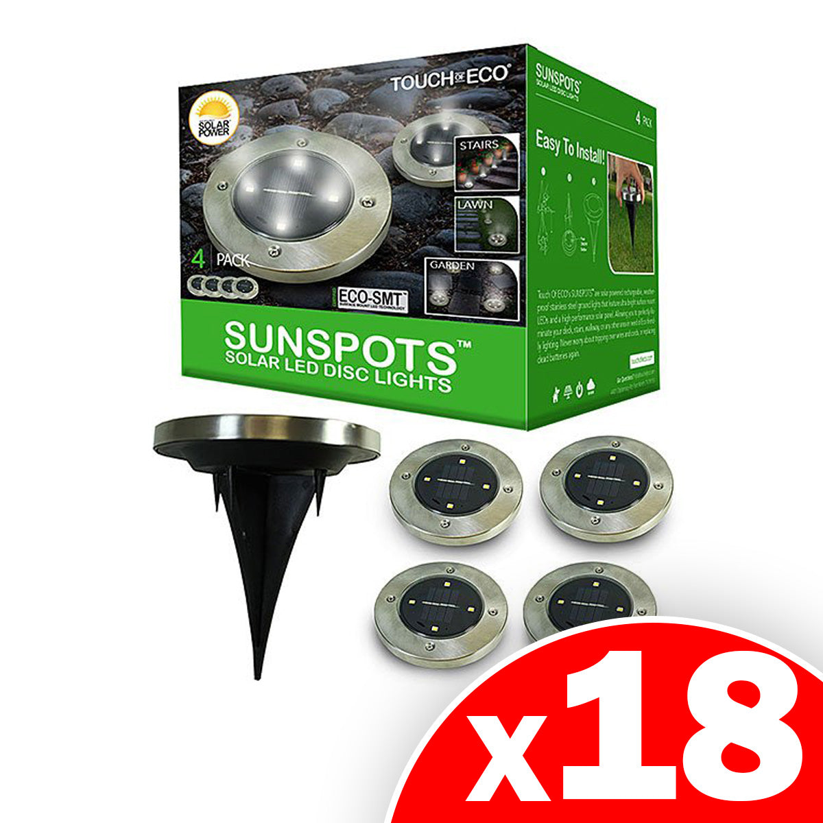 Touch Of ECO Solar SUNSPOT Disc Lights, 18 Packs of 4