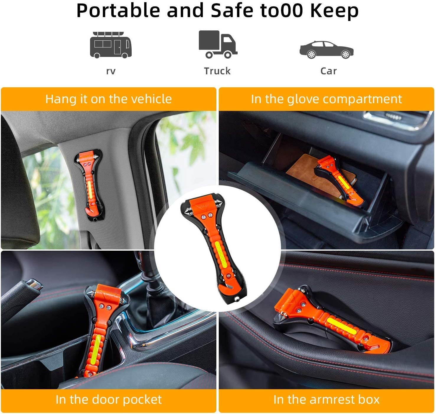 VT Tele FL Car Safety Hammer, Emergency Escape Tool with Car Window Breaker and Seat Belt Cutter, Premium Carbon Steel Life Saving Survival Kit, 2 Pack