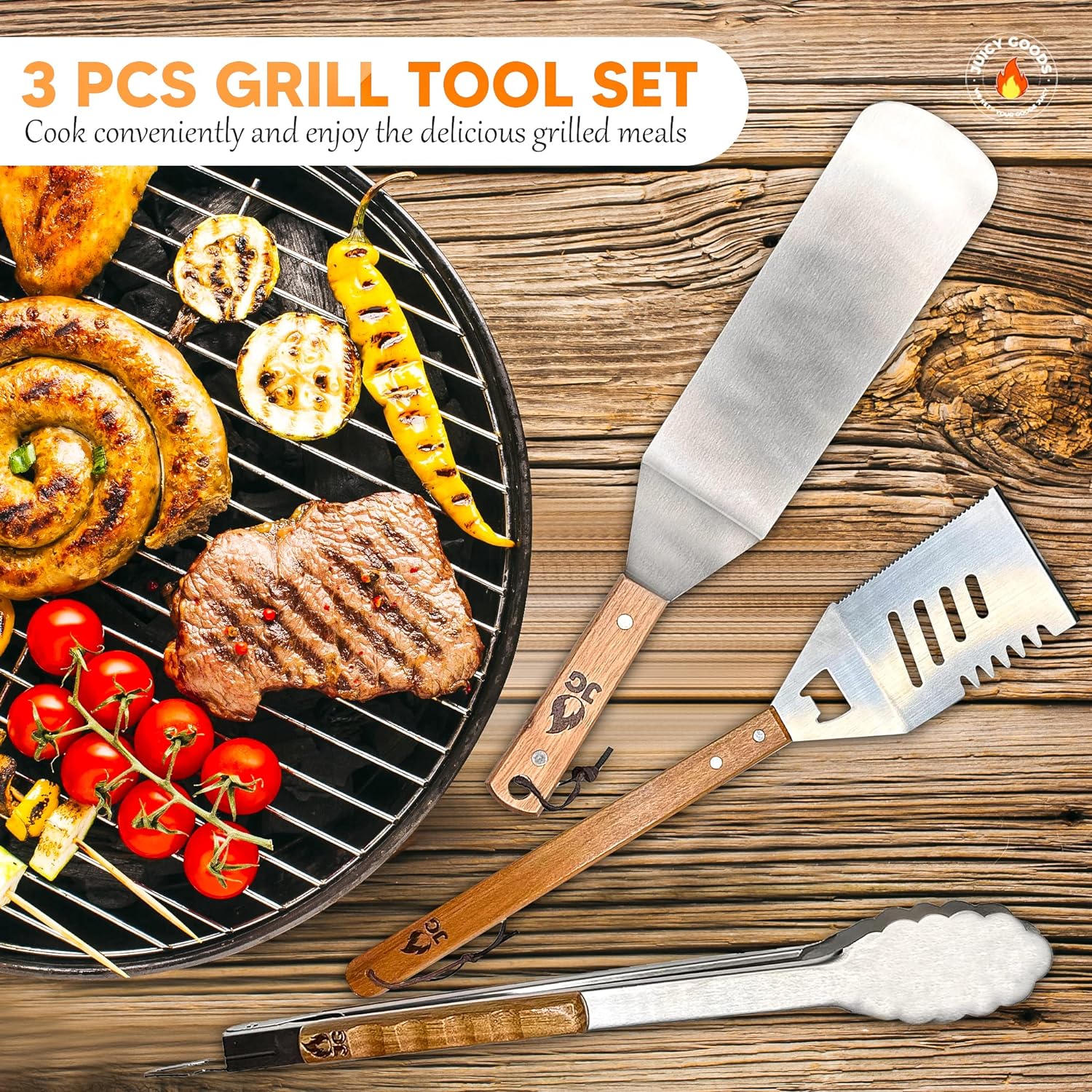 BBQ Grill Set Heavy Duty Tool Set - BBQ Tool Set 3 pc Grill Accessories with Stainless Steel Spatula Tongs and BBQ Spatula and Wood Handles Dark Acacia