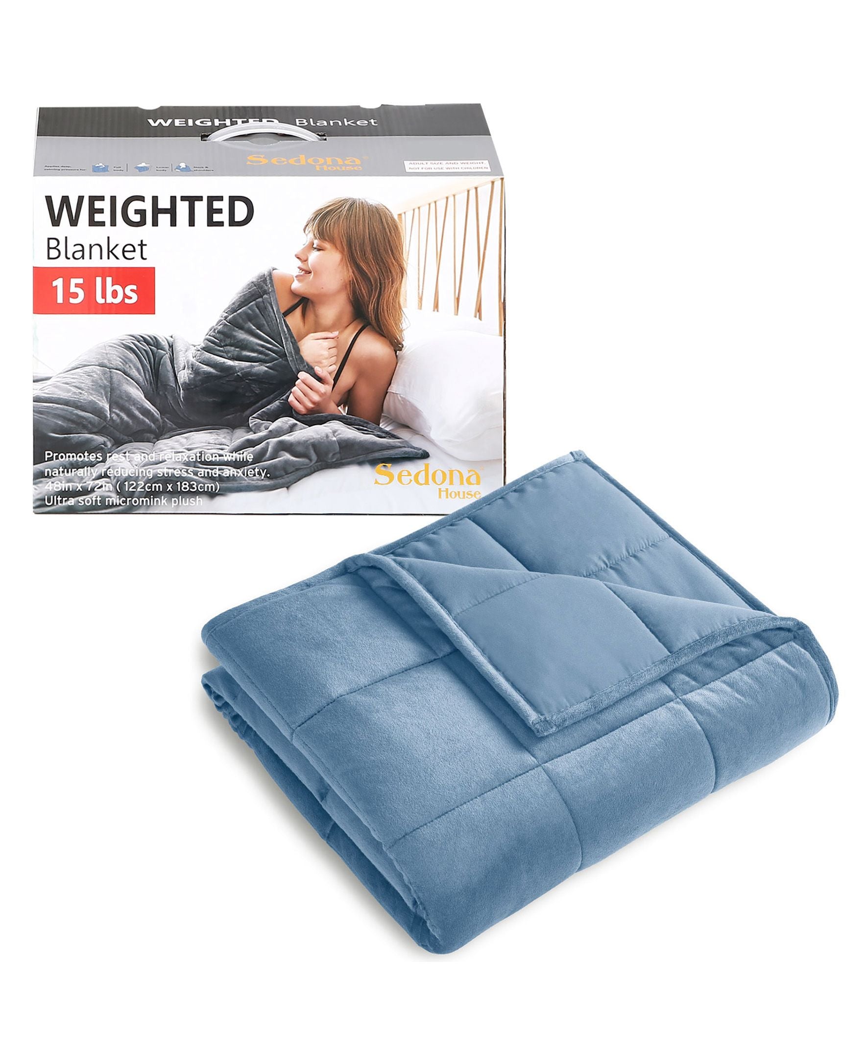 Sedona House 15lb Silky Velvet Weighted Blanket, Reversible & Machine Washable blanket, Blue, 48X72