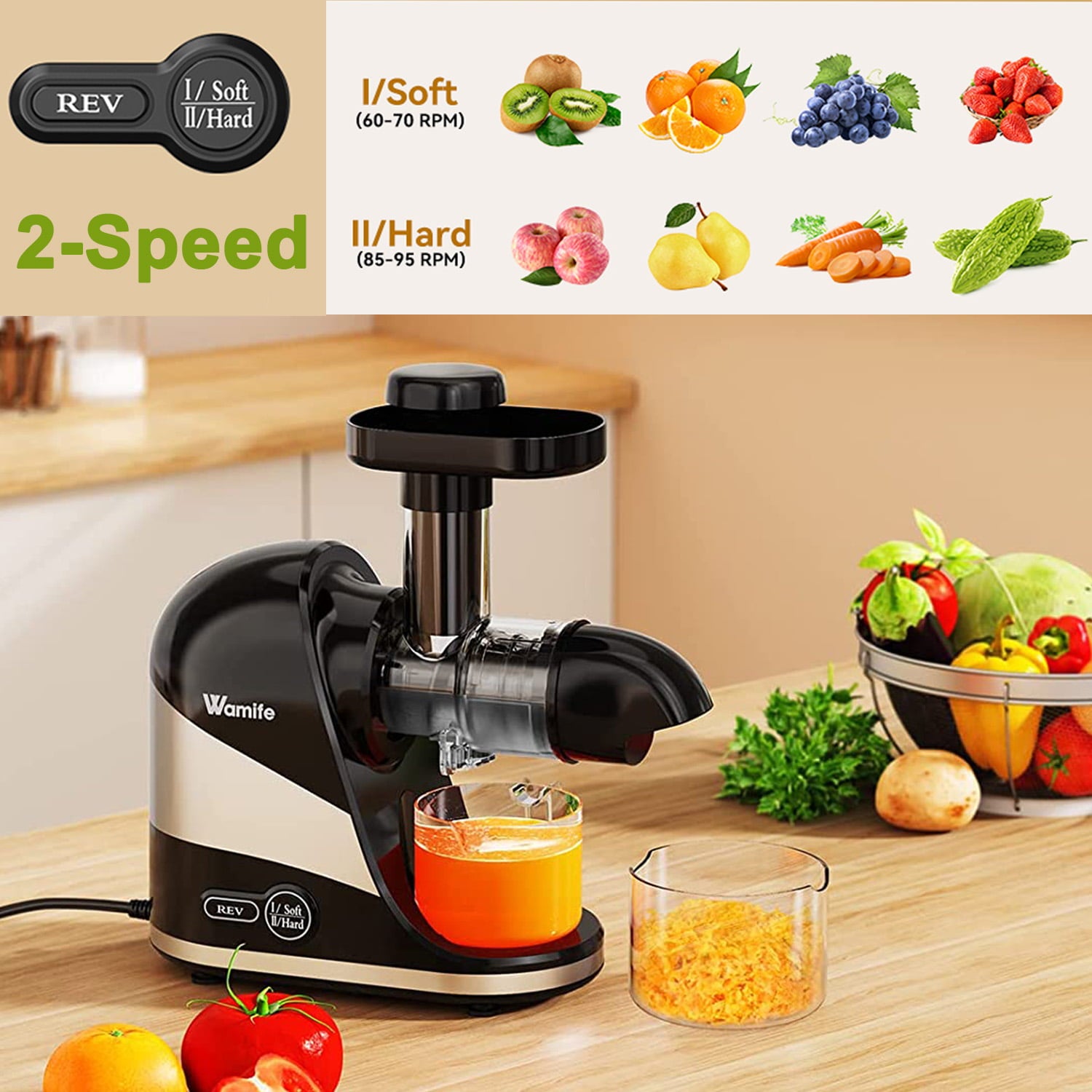 Wamife Juicer Machines 2 Modes Cold Press Juicer Slow Masticating Juicer Extractor with Quiet Motor/Reverse Function for Fruit & Vegetable, Cup & Brush Included