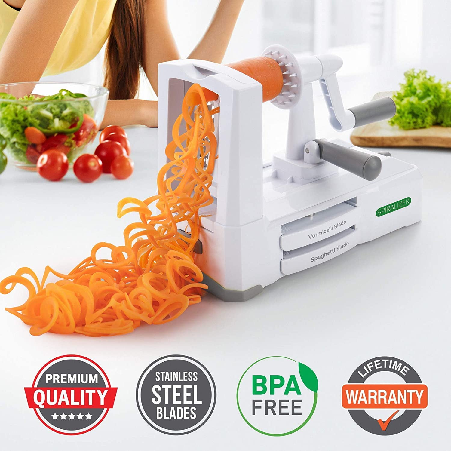 Spiralizer Ultimate 10 Strongest-and-Heaviest Duty Vegetable Slicer Best Veggie Pasta Spaghetti Maker for Keto/Paleo/Gluten-Free, With Extra Blade Caddy & 4 Recipe Ebook Color White
