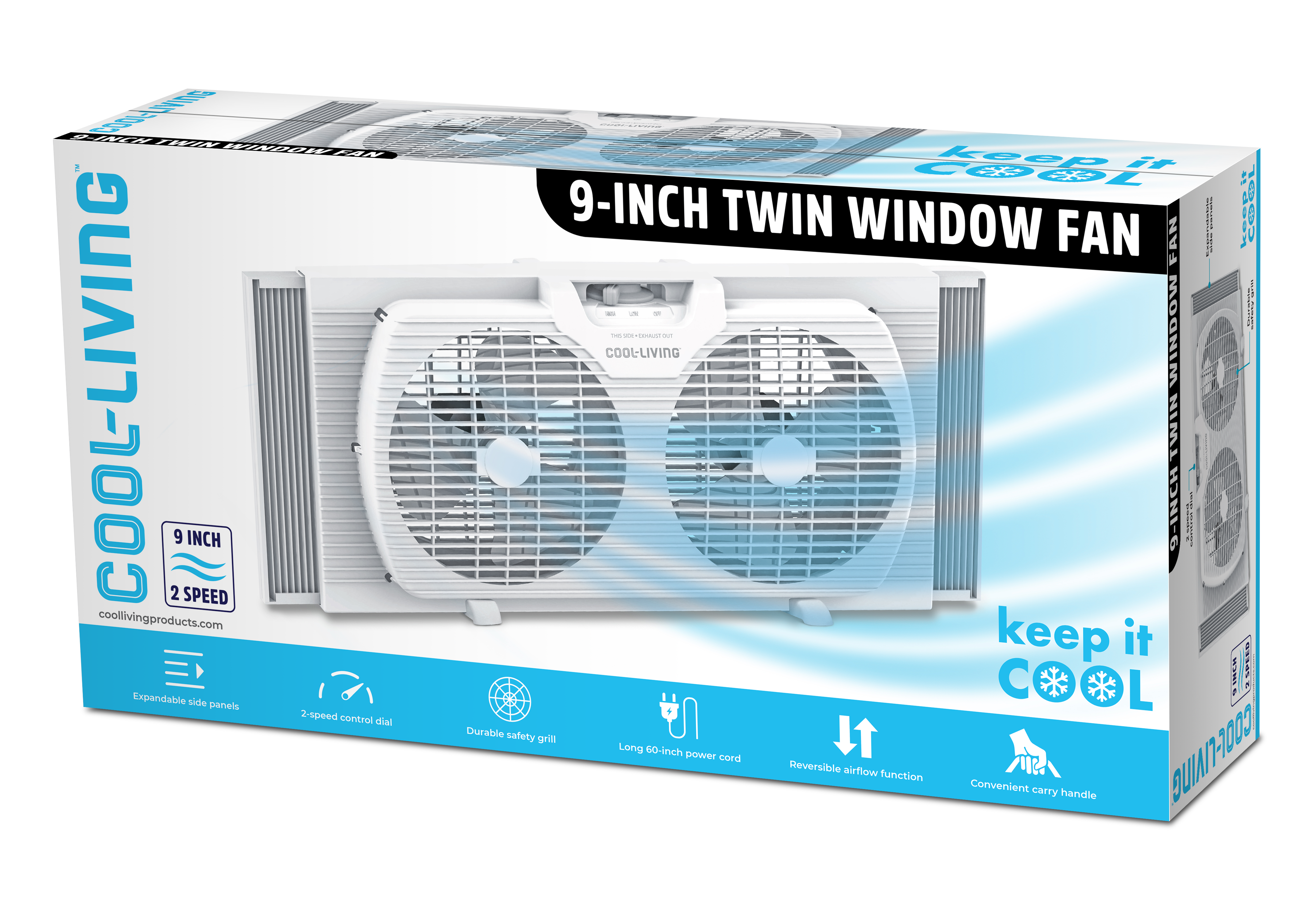 9" Twin Window Fan with Reversible Airflow Control, Auto-Locking Expanders, Convenient Carry Handle and 2-Speed Fan Switch, Ideal for Home, Kitchen, Bedroom & Office