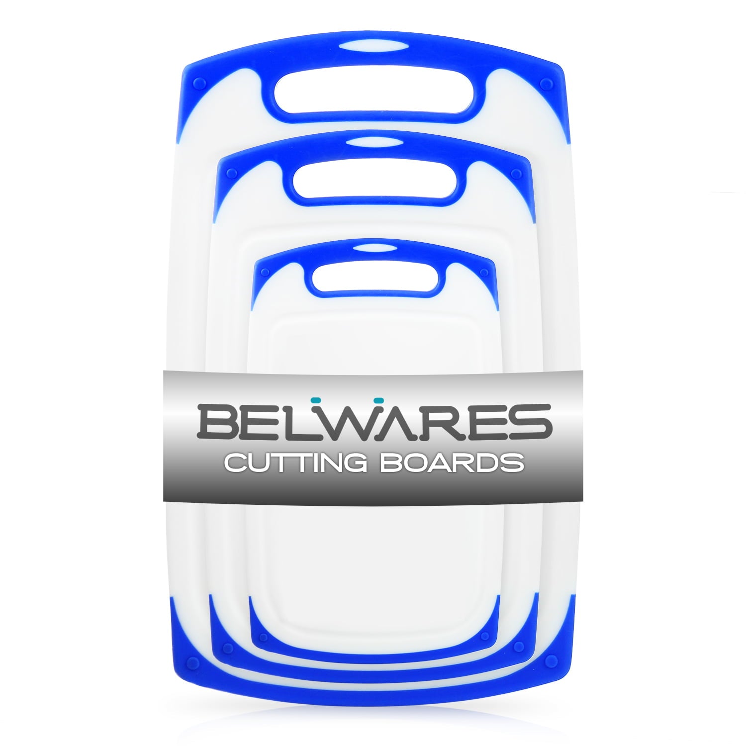Belwares Plastic Cutting Boards Set of 3, with Non-Slip Feet and Deep Drip Juice Groove, Blue