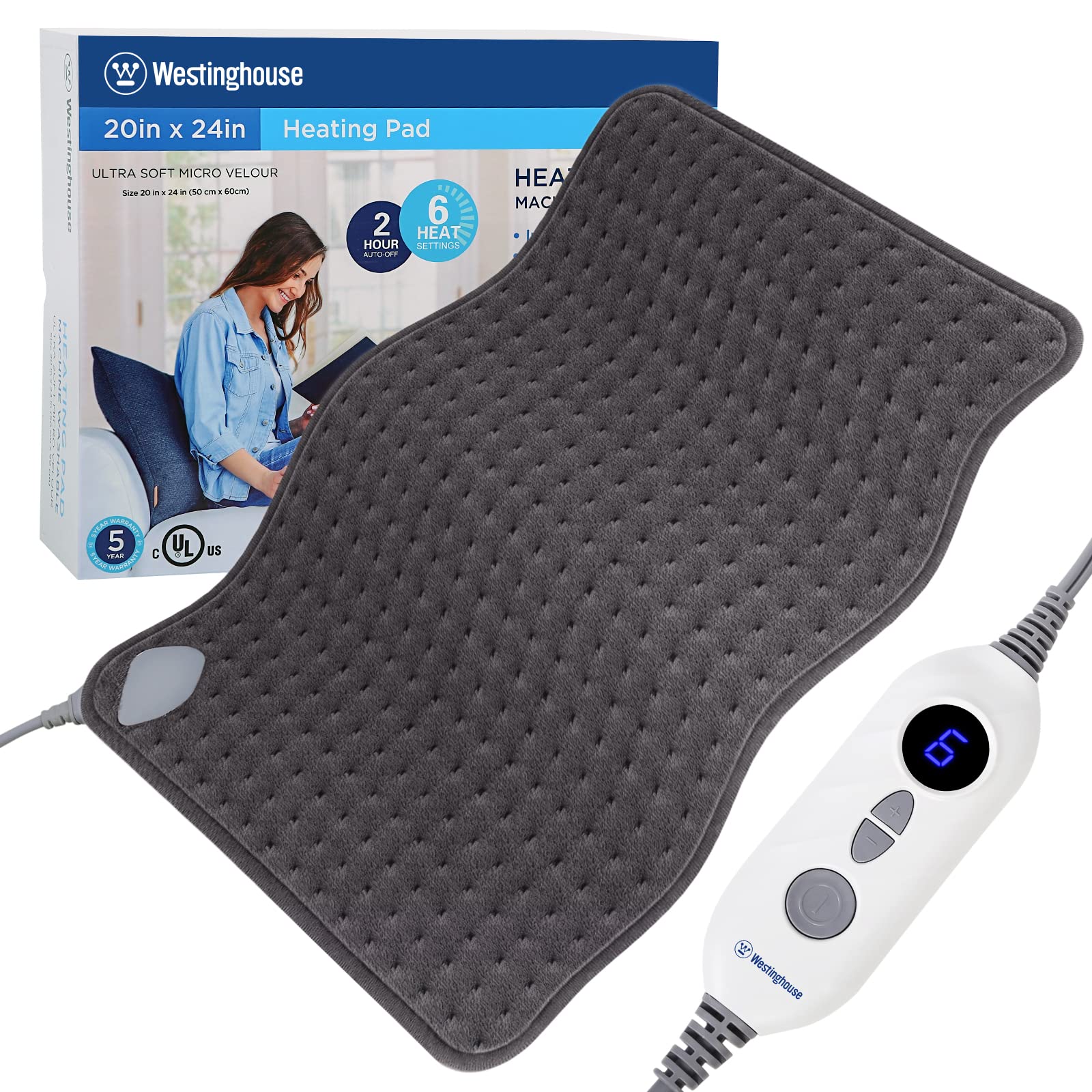 Westinghouse Electric Heating Pad for Back Pain Relief, with Warm Foot Pocket, 6 Heat Settings, 2 Hours Auto Shut Off, Machine Washable, Extra Large, 20" x 24" Grey