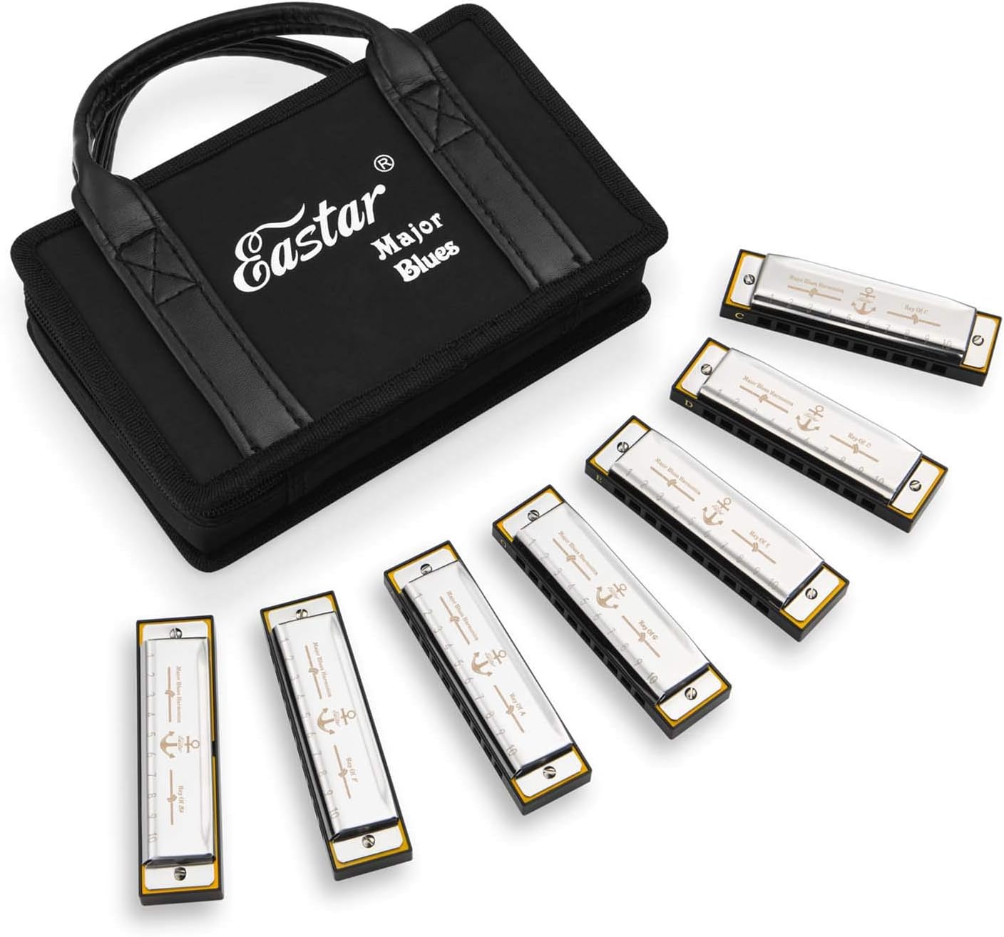 Eastar Major Blues Harmonica Sets 7 Keys Diatonic Harmonica in Key of C D E F G A Bb for Adults, Beginners, Students, and Kids.  7-Pack with Carrying Case & Cleaning Cloth.  Nickel