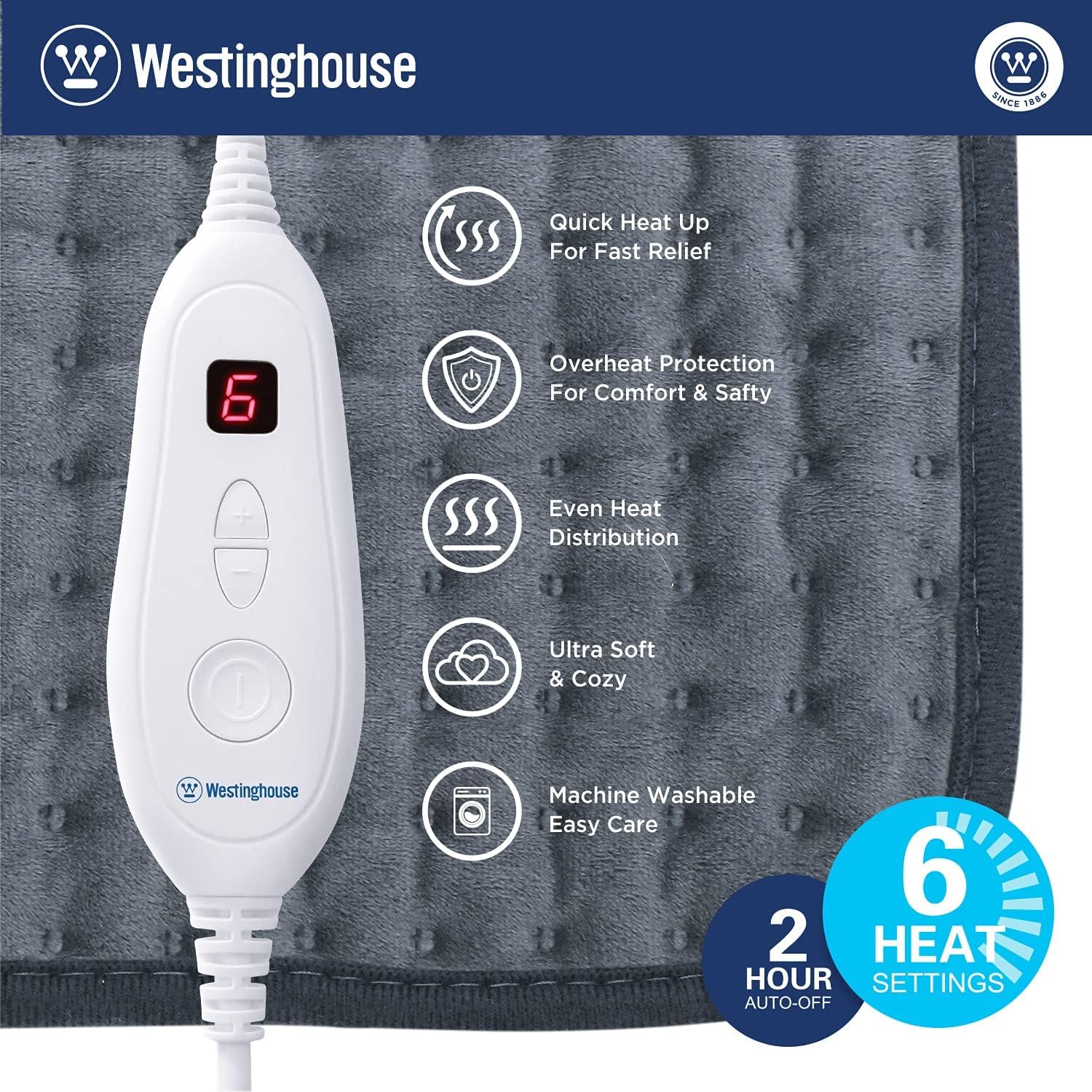 Westinghouse Electric Heating Pad for Back Pain Relief with 6 Heat Settings, 2-Hour Auto Shut-Off, Machine Washable, Extra Large 12x24 Inches