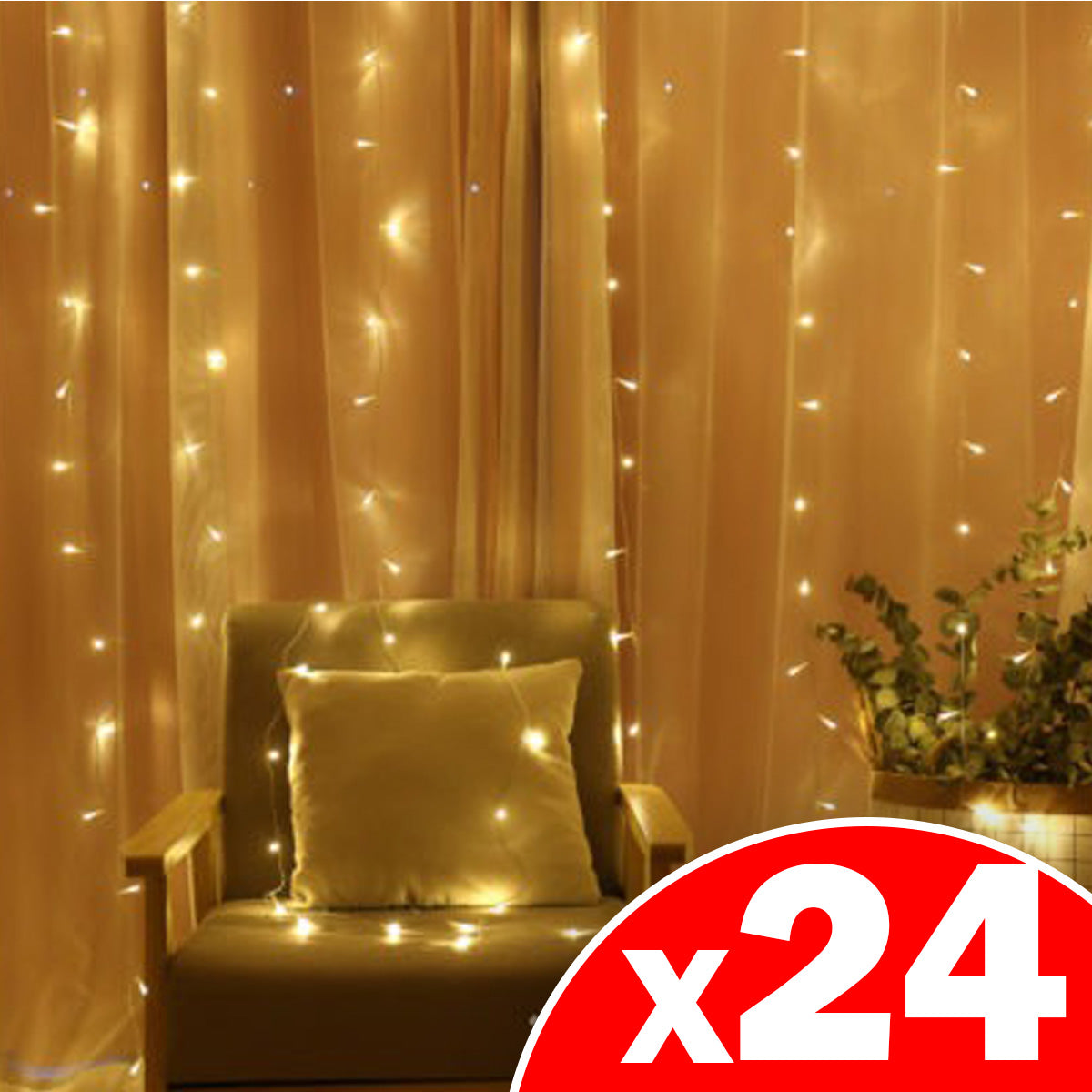 Brilliant Ideas Battery-Operated LED Curtain Lights, with 8- 2.75ft strands 64 warm white LED Lights, 24 Pack