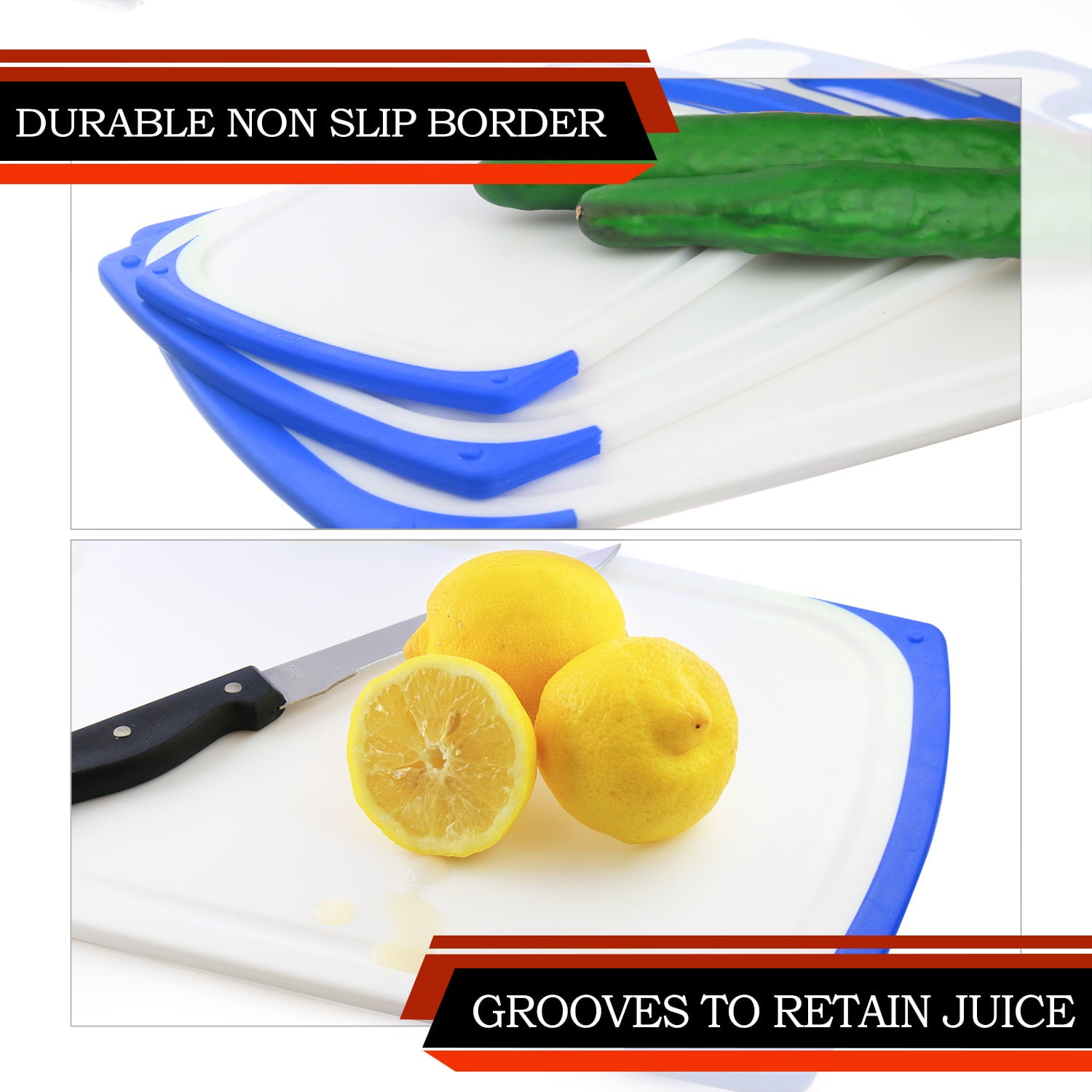 Belwares Plastic Cutting Boards Set of 3, with Non-Slip Feet and Deep Drip Juice Groove, Blue