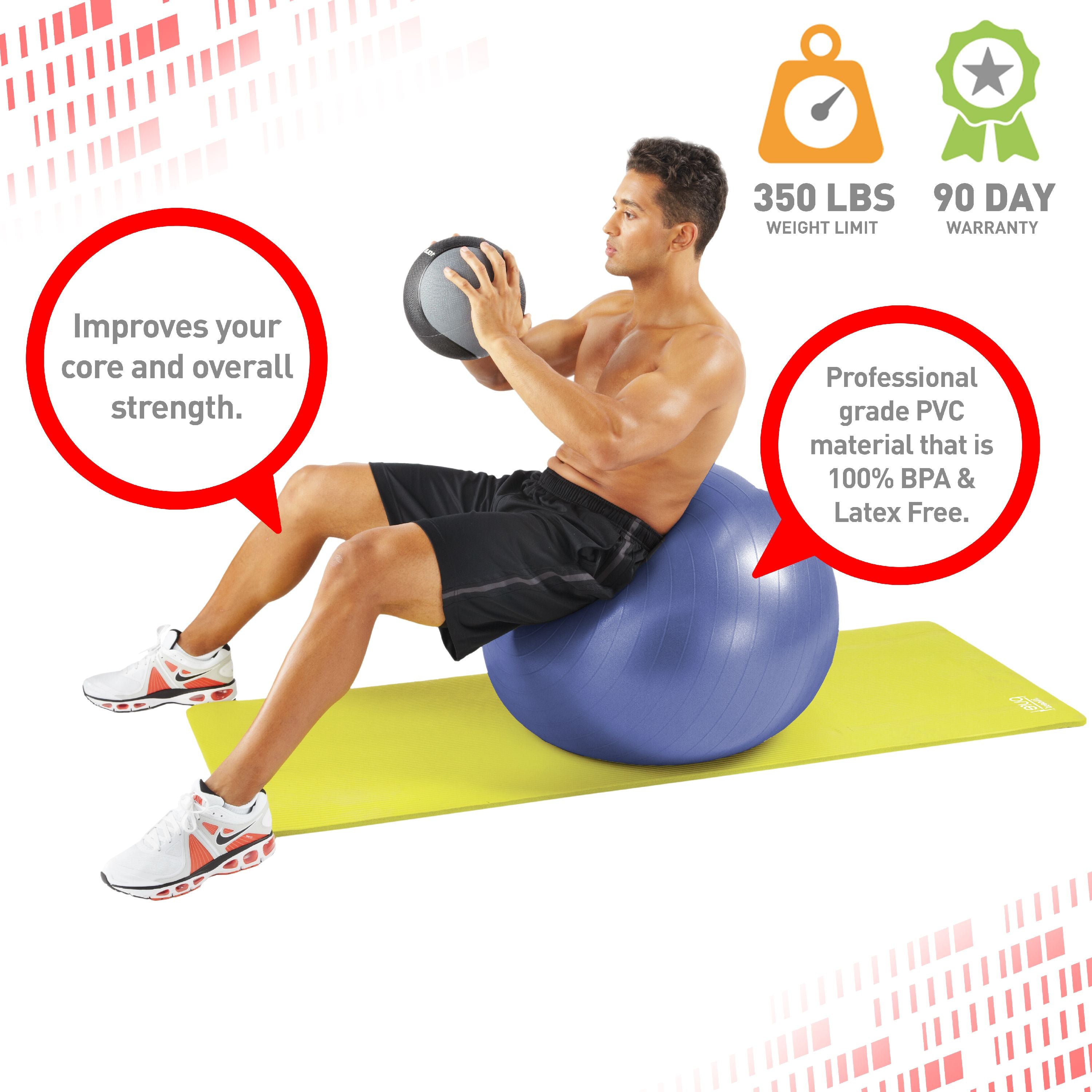 Pure Fitness 65cm Professional Anti-Burst Stability Ball, 350lb Weight Limit, 2 Pack