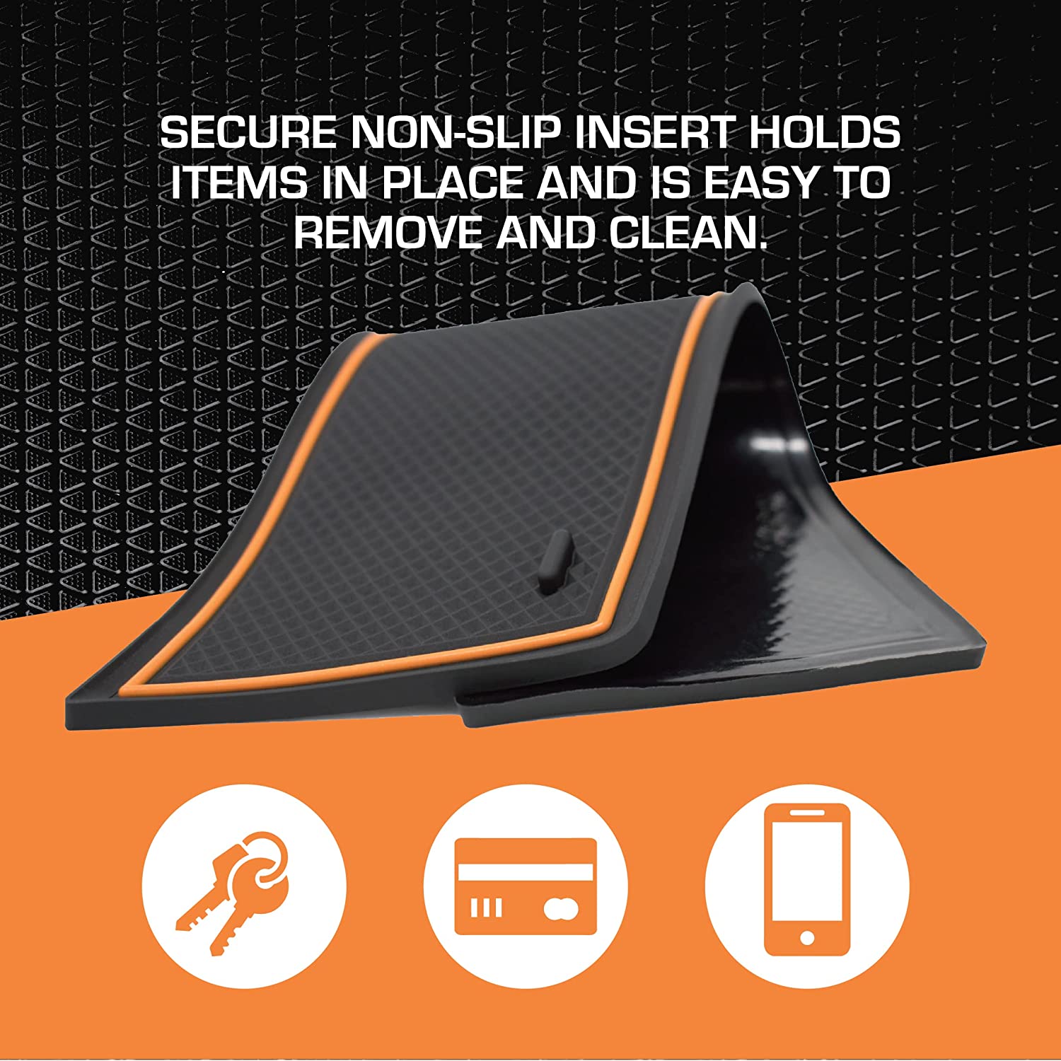 CupHolderHero Universal Multifunction Tray & Removable Liner Mat - Car & Truck Accessories - Non Slip Anti Dust Surface to Enhance Cup Inserts - Fits Most Vehicle Interiors (Orange Trim)