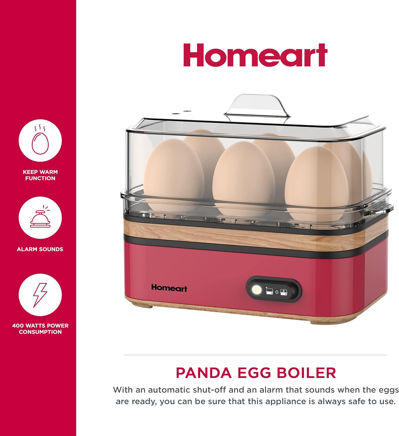 Homeart 400W Panda Egg Boiler with Wooden Detail, Red