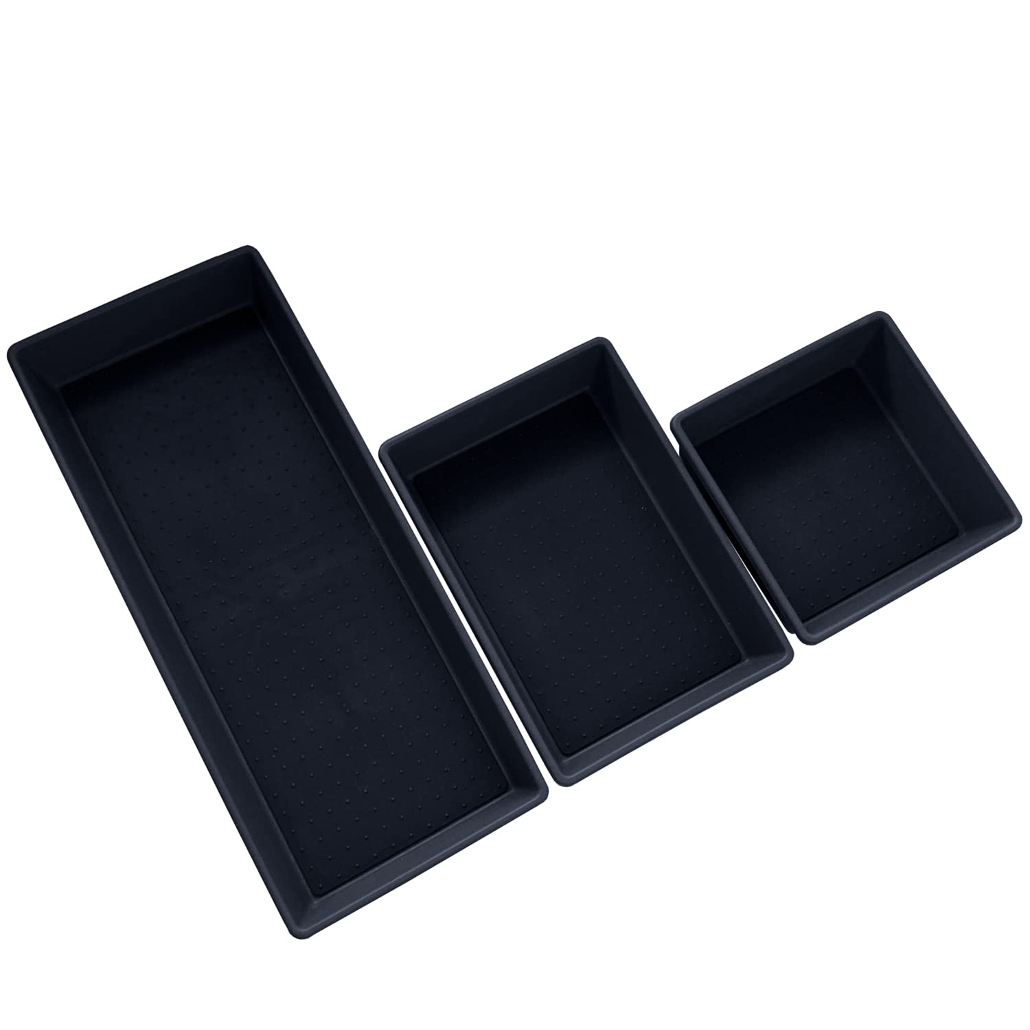 Tray Bins 3 Pack Multi Use Storage for Kitchen Drawers, Office and Bathroom Non-Slip Durable Rubber Lining - Large Navy Blue