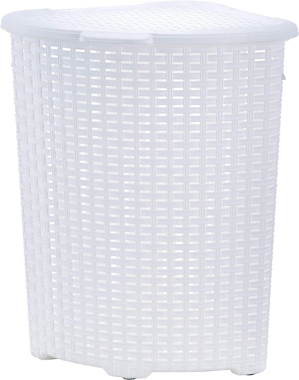 Superio 52L Corner Laundry Hamper with Lid, Curved Plastic Laundry Basket with handles, Wicker Design, White