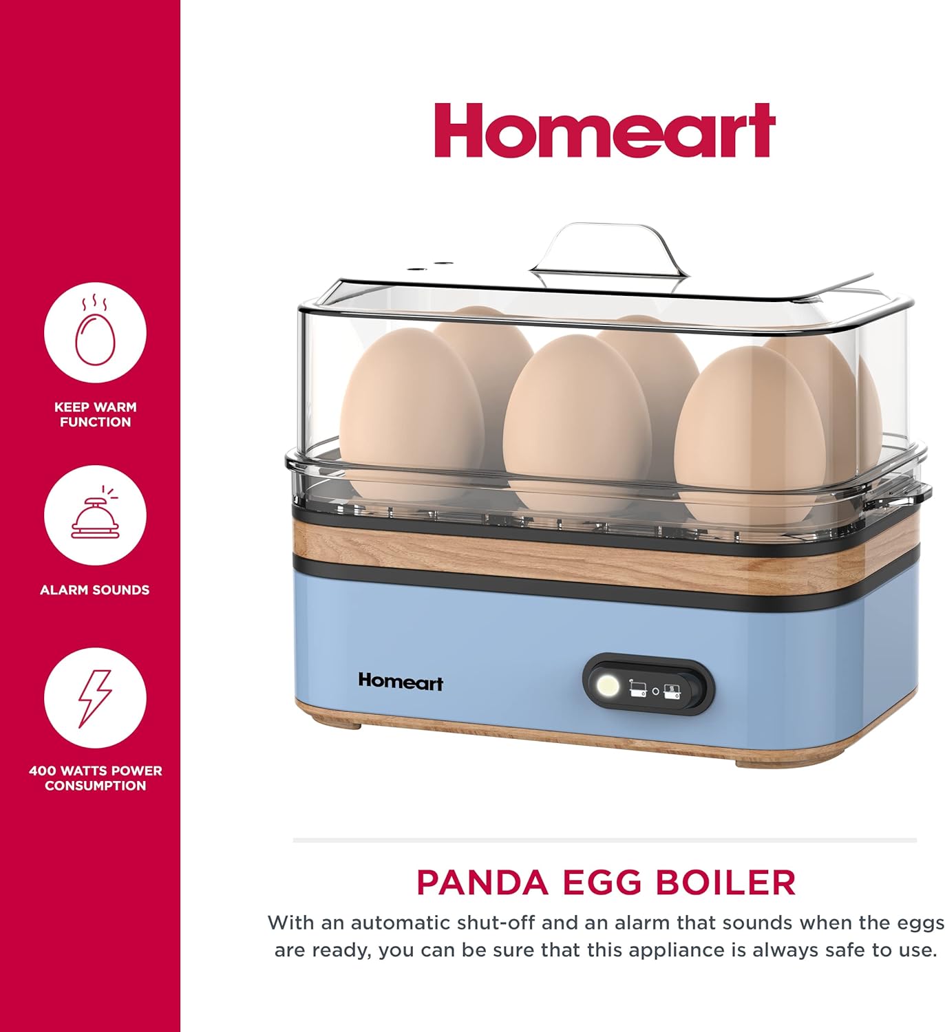 Homeart Panda Egg Boiler with Wooden Detail- Rapid Electric Hard Boiled Egg Cooker with Auto Shut-Off, Alarm and Egg Piercer, 6 Egg Capacity, Powder Blue, 400W