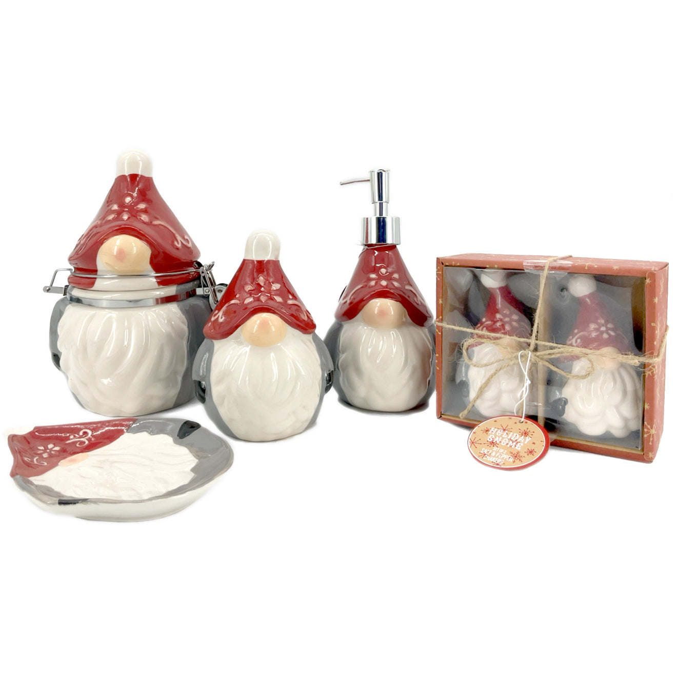 CHRISTMAS GNOME CERAMICS SET OF 5 Includes: Hinged Canister, Soap Pump, Scrubby Holder, Spoon Rest, And Set of 2 Salt and Pepper Shakers