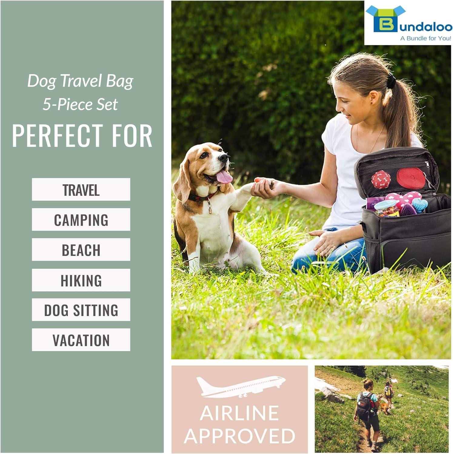 Bundaloo Dog Travel Bag Accessories Supplies Organizer 5-Piece Set with Shoulder Strap | 2 Lined Pet Food Containers, 2 Collapsible Feeding Bowls. Everyday Dogs Essentials