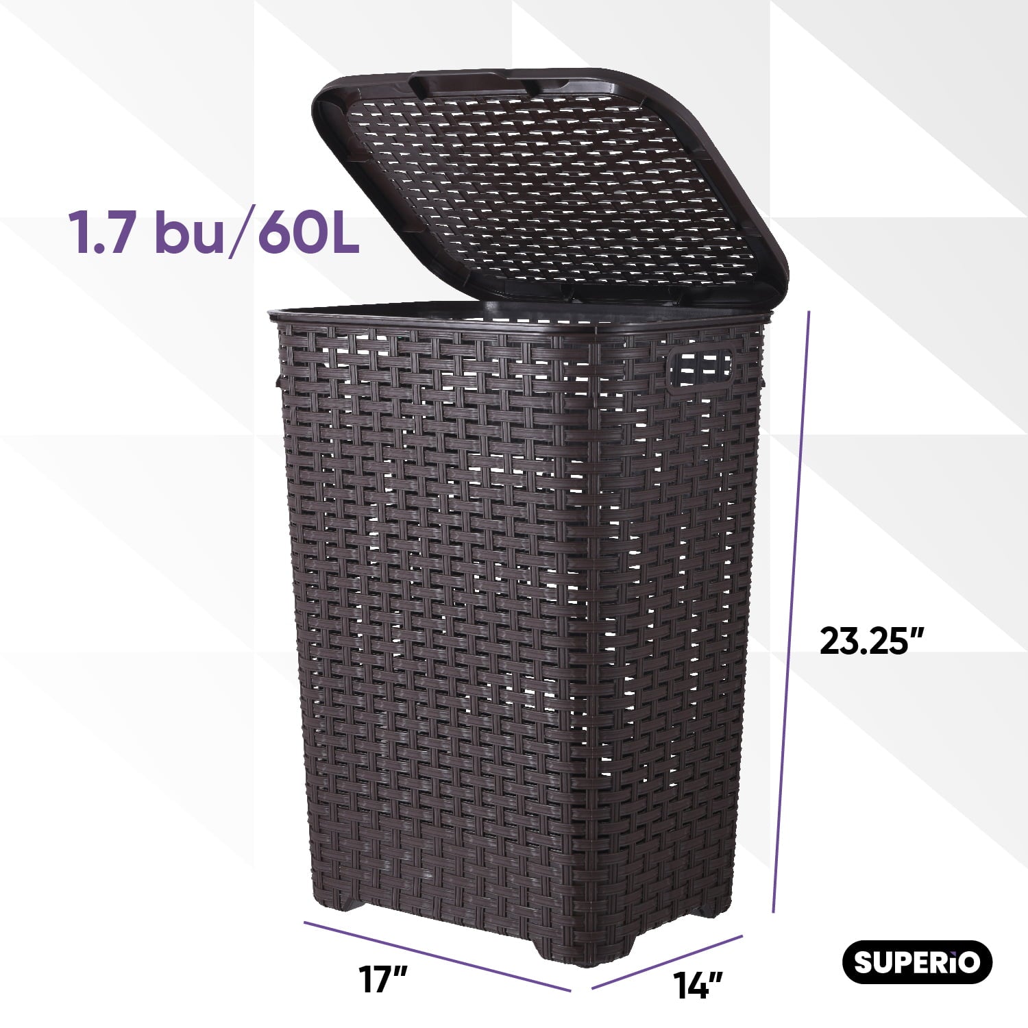 Superio Brand 60L Large Wicker Plastic Laundry Hamper with Lid - Brown