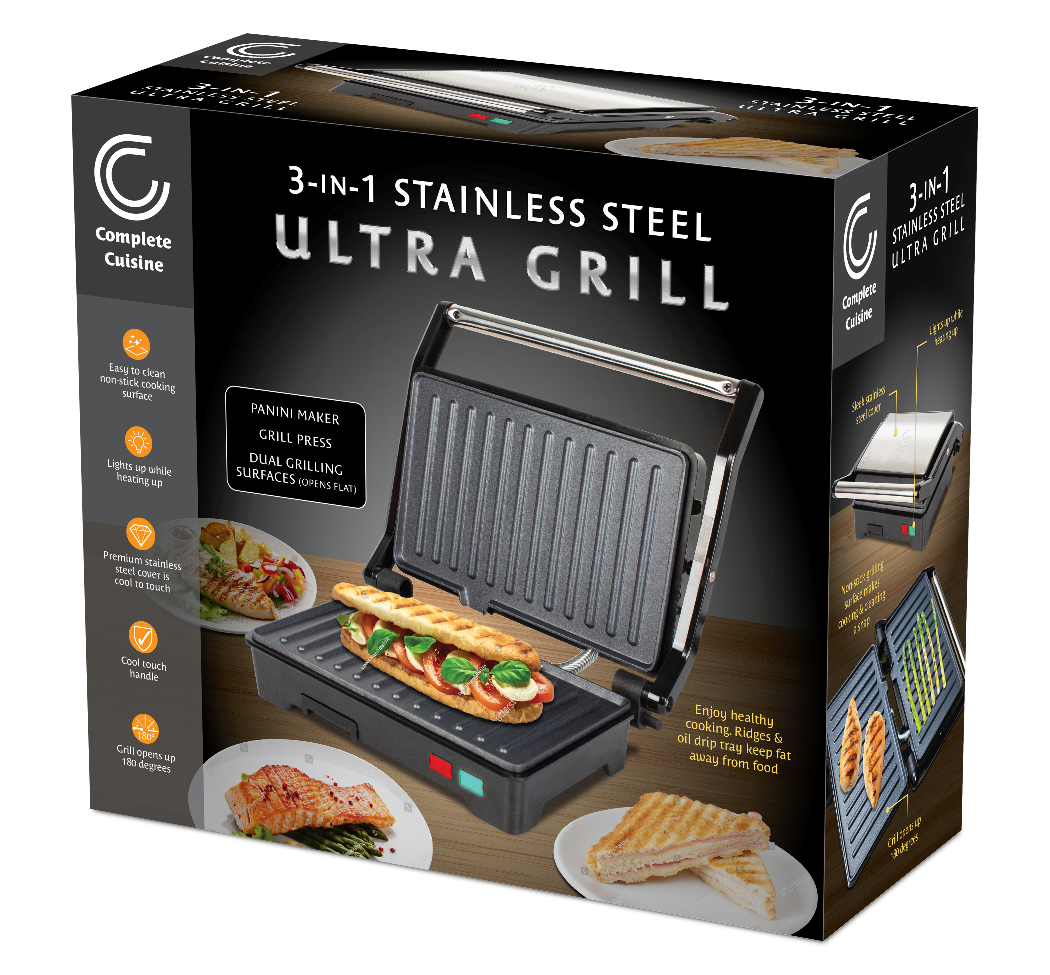 Complete Cuisine 3-in-1 Stainless Steel Ultra Grill, Opens 180 Degrees for Any Size Food