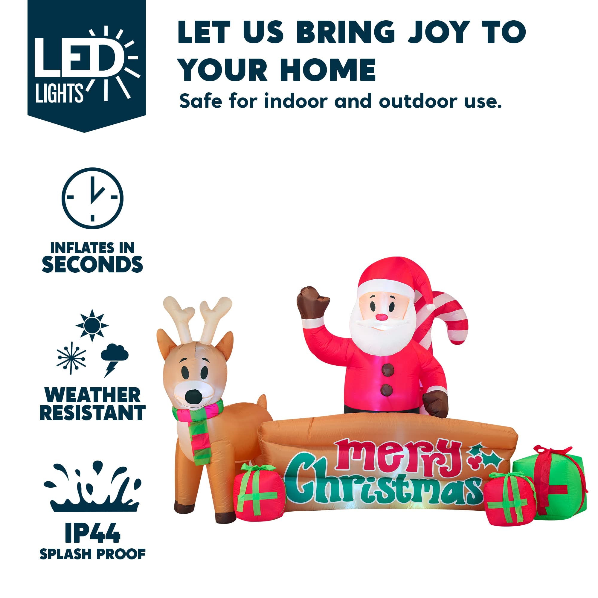 10 FT Long Christmas Inflatable Santa & Reindeer with Merry Christmas Sign, Christmas Inflatable Outdoor Decoration With Build-in LEDs for Xmas Party Indoor, Outdoor, Yard, Garden, Lawn Dcor