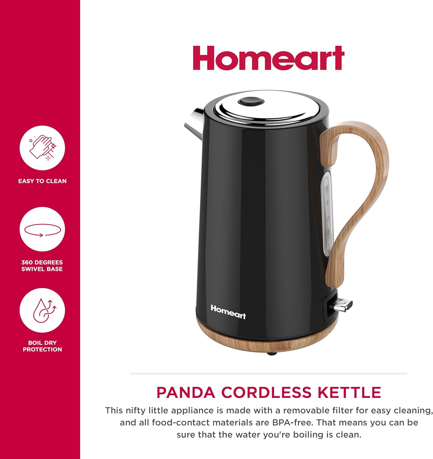 Homeart Panda Cordless Electric Kettle with Wood Detail - Stainless Steel With Removable Filter, Fast Boiling and Auto Shut-off - 1.7L Capacity