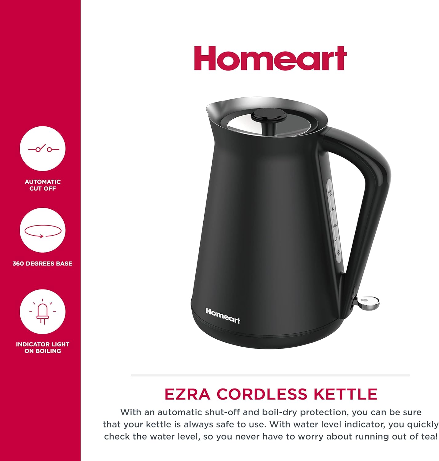 Homeart Ezra Cordless Electric Kettle - Stainless Steel With Removable Filter, Fast Boiling and Auto Shut-off - 1.7L Capacity, Black