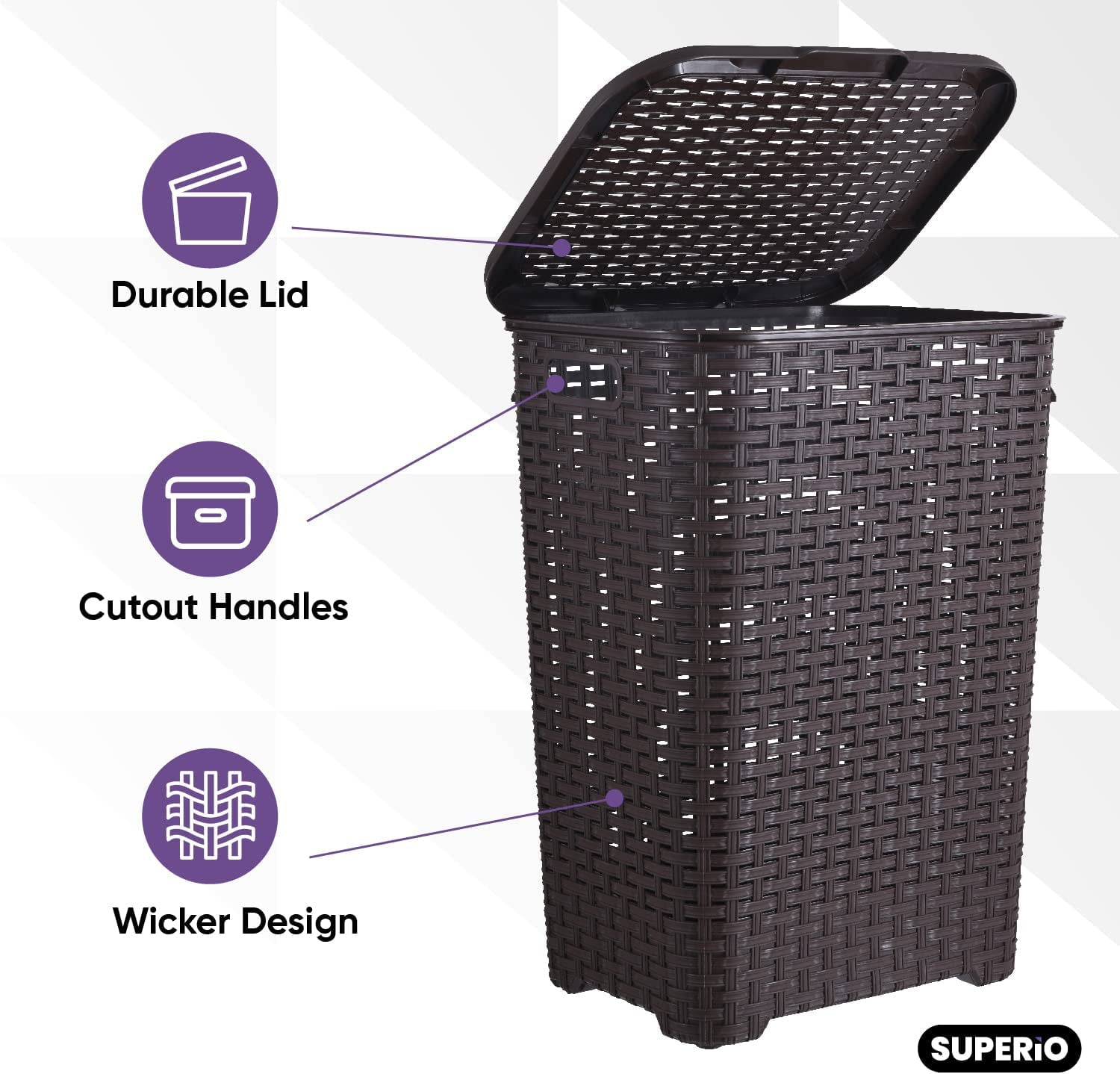 Superio Brand 60L Large Wicker Plastic Laundry Hamper with Lid - Brown