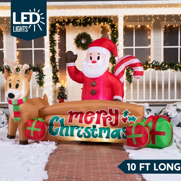 10 FT Long Christmas Inflatable Santa & Reindeer with Merry Christmas Sign, Christmas Inflatable Outdoor Decoration With Build-in LEDs for Xmas Party Indoor, Outdoor, Yard, Garden, Lawn Dcor