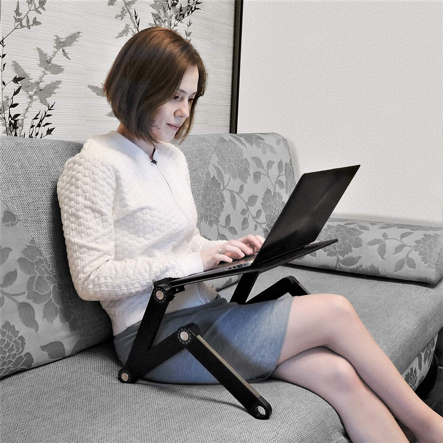 WonderWorker Newton Adjustable Laptop Table Bed Tray Cooling Pad, Lightweight Aluminum, Portable Folding Laptop Stand, Black Standard