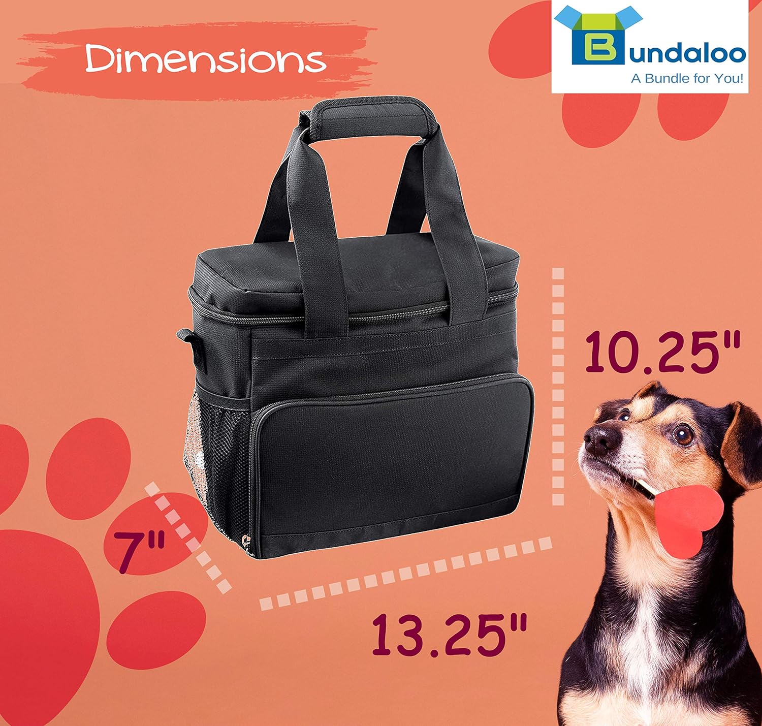 Bundaloo Dog Travel Bag Accessories Supplies Organizer 5-Piece Set with Shoulder Strap | 2 Lined Pet Food Containers, 2 Collapsible Feeding Bowls. Everyday Dogs Essentials