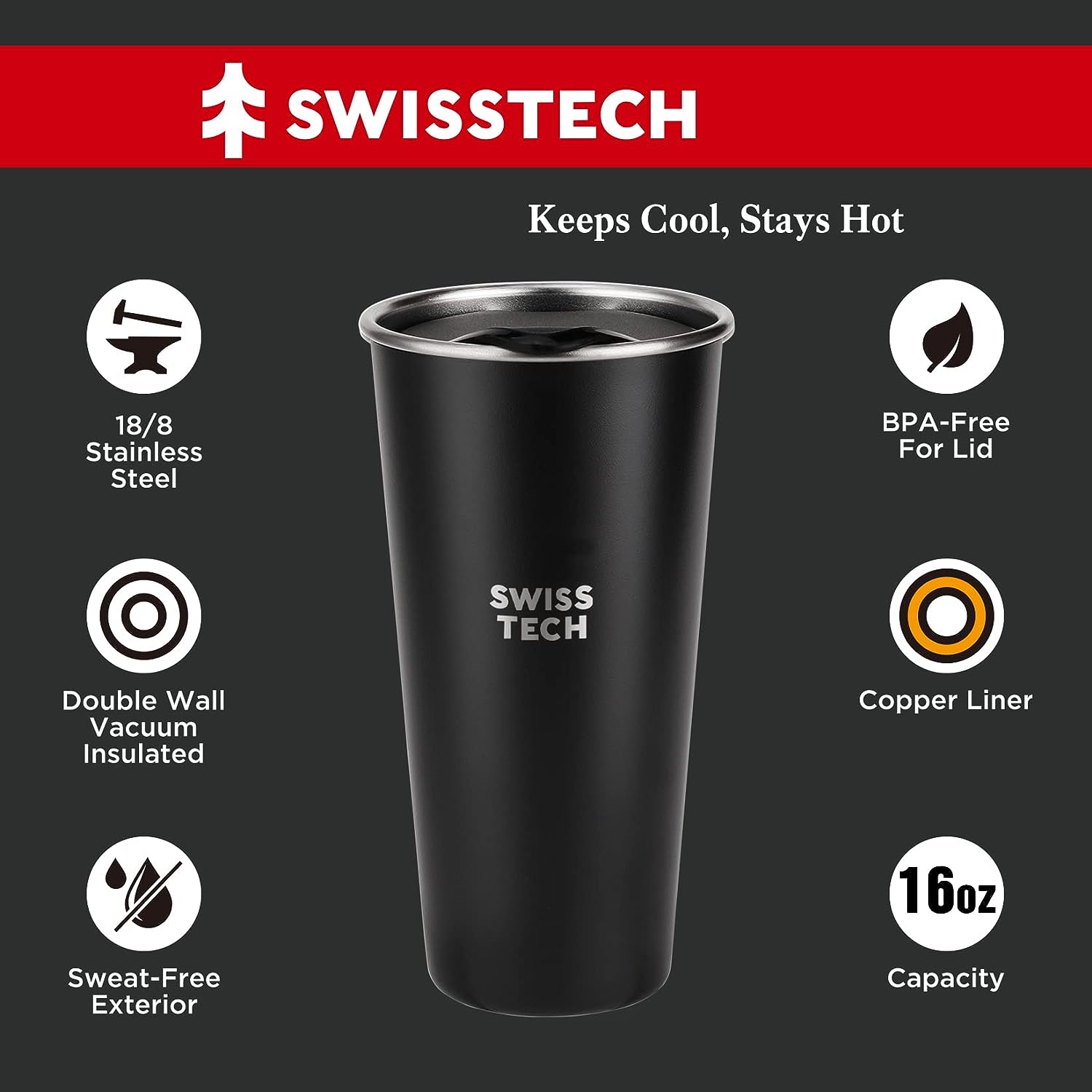 Swiss+Tech 16oz Double Wall Stainless Steel Cups with lids, 2 Pack