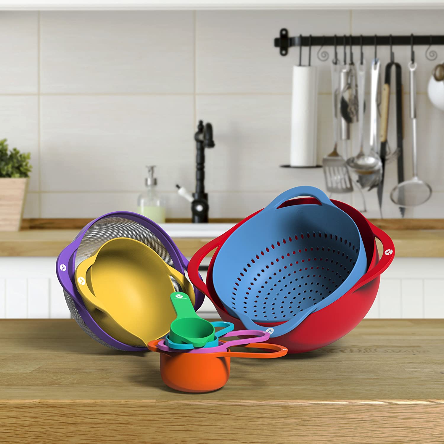 Vremi 13 Piece Mixing Bowl Set - Colorful Kitchen Bowls Colander Mesh Strainer with Handles Measuring Cups and Spoons - BPA Free Plastic Nesting Bowls with Easy Pour Spout for Baking Cooking and More