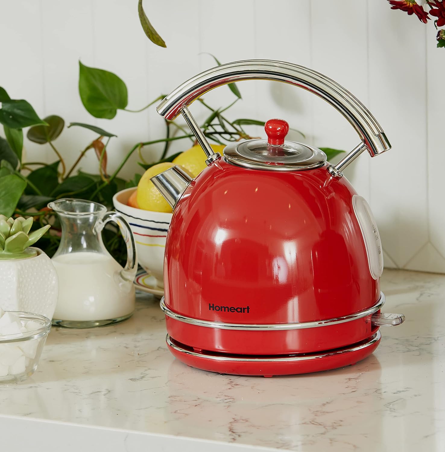 Homeart Alyssa Dome Retro Electric Cordless Kettle - Stainless Steel With Removable Filter, Fast Boiling and Auto Shut-off - 1.7L Capacity, Red