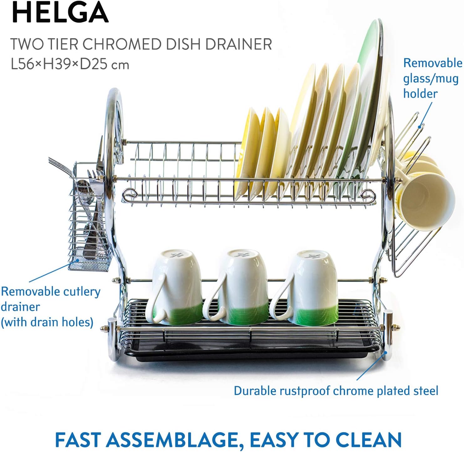 Tatkraft Helga 2-Tier Dish Drying Rack, Drainer with Drainboard for Kitchen Counter, Mug and Utensil Holder, Chrome-Plated, Easy Assembly